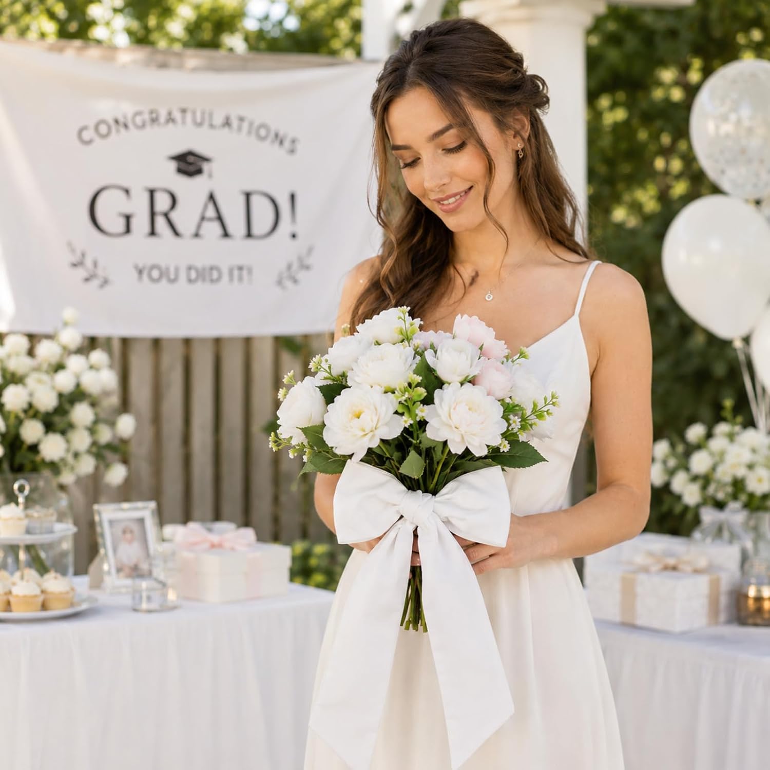 White Bow Bouquet Ribbon Flower Wrap Sash Satin