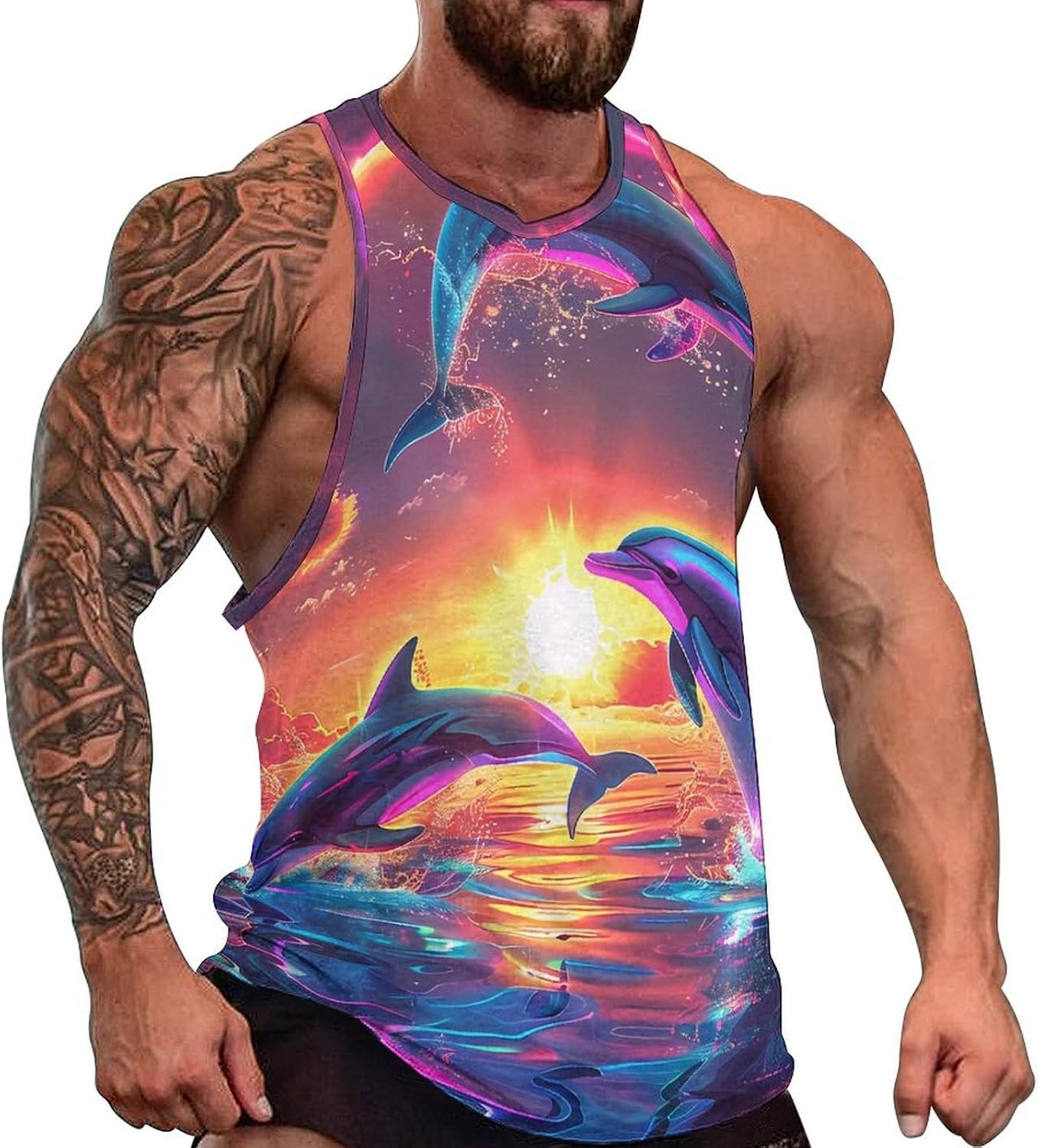 Beautiful Dolphins Sunset Novelty Men's Vest Tank Top Gym Muscle Tee Fitness Sleeveless T-Shirt