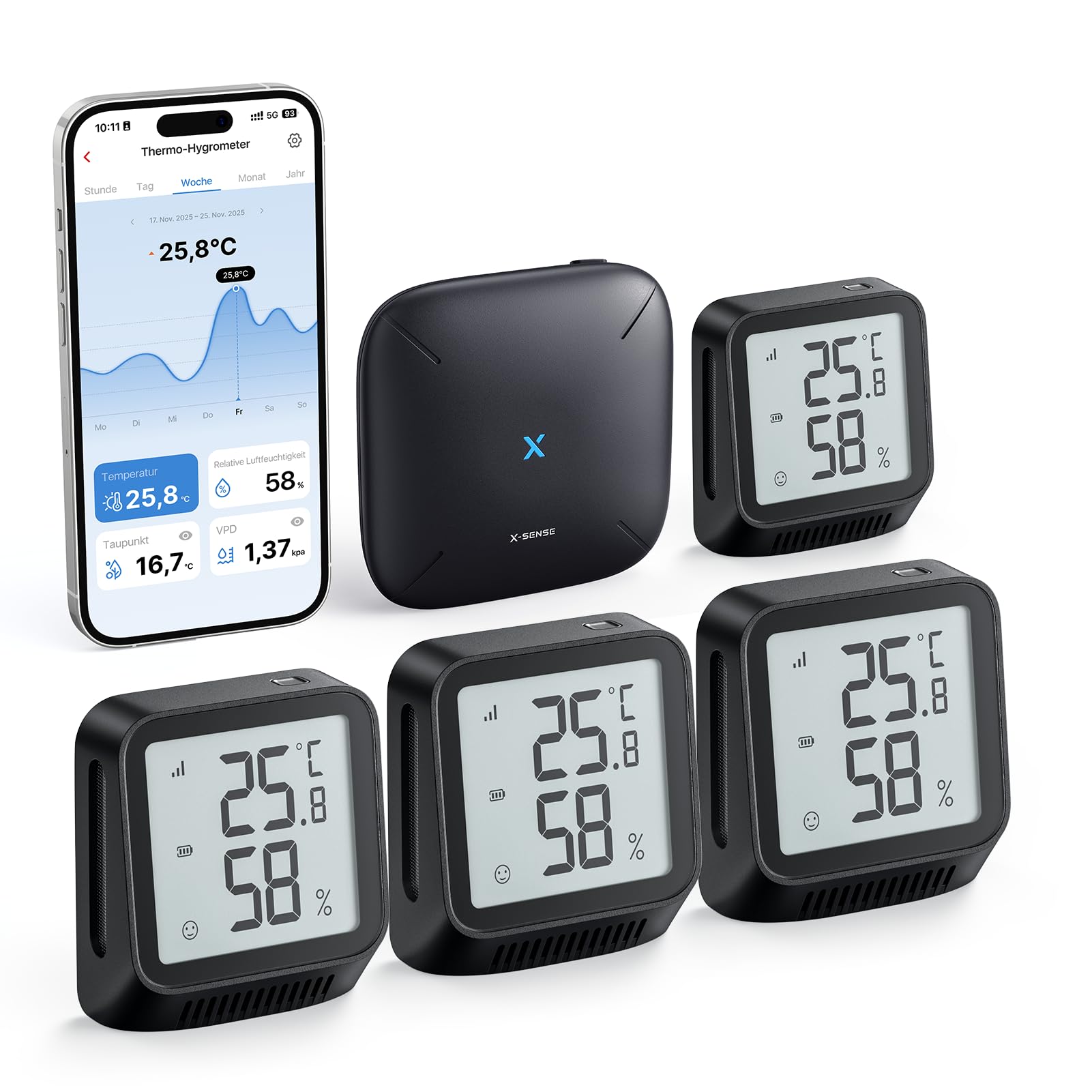 X-Sense WLAN Hygrometer Thermometer Innen mit LCD-Display, Temperatur- und Luftfeuchtigkeitsüberwachung per App, Smiley-Indikator, kompatibel mit Alexa, 4 Sensoren und Basisstation SBS50, STH0A41