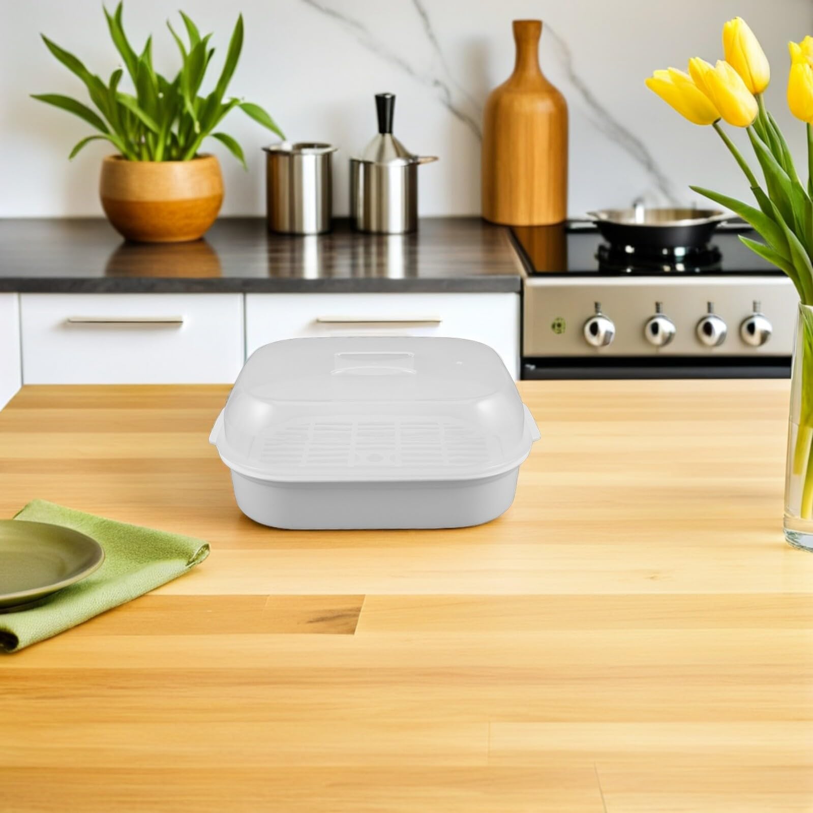 2 pezzi Vaporiera per Microonde con Coperchio Trasparente e Manico Contenitore per Verdure e Pesce in Plastica Alimentare Resistente al Calore Scatola per Conservazione Alimenti e