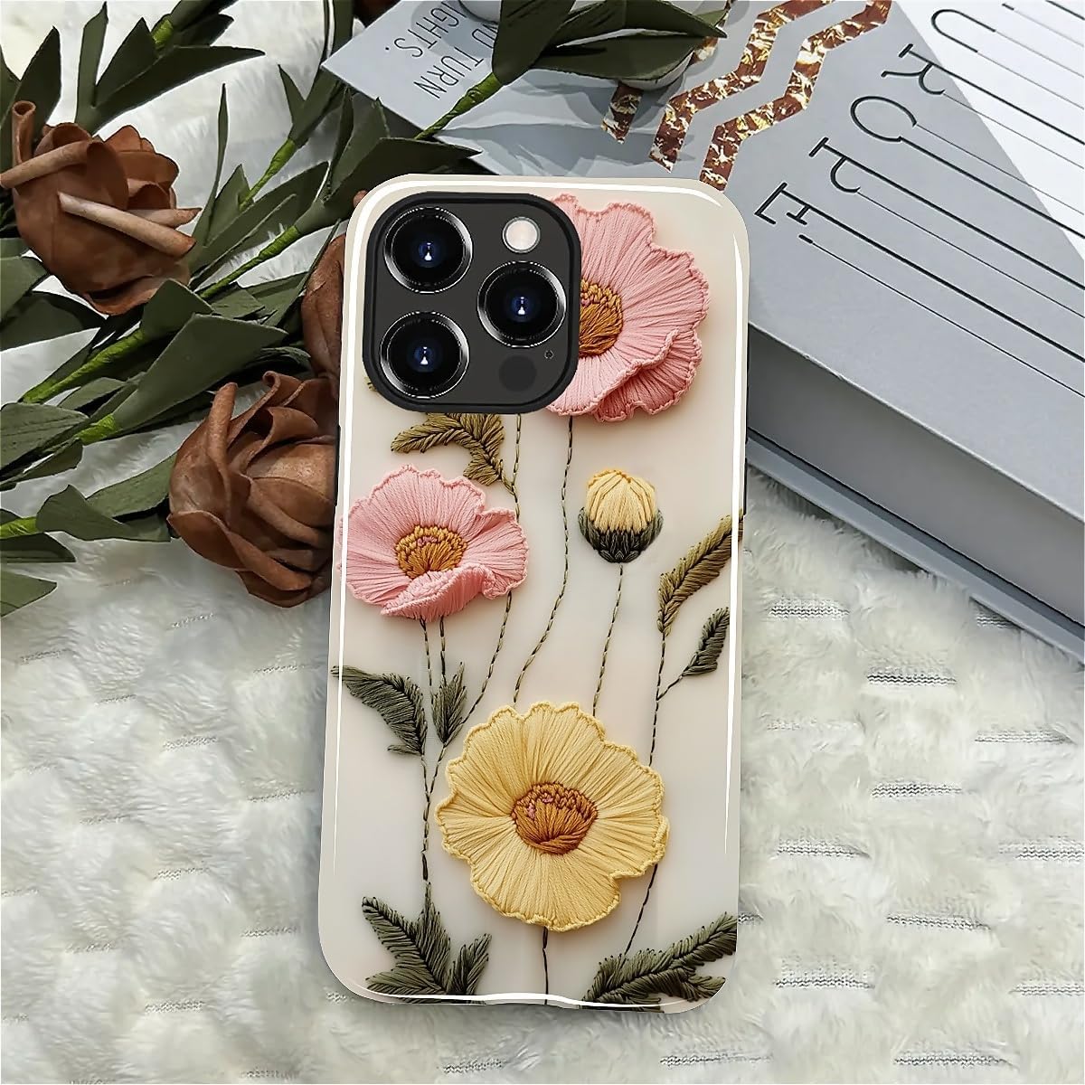 Case for iPhone 15 Pro Max Case,Faux Embroidery Boho Floral Design - Hybrid Dual Protection Silicone + Hard PC Shockproof Full Body Cover Slim Anti-Scratch Protective Case for Men Women - Image 7