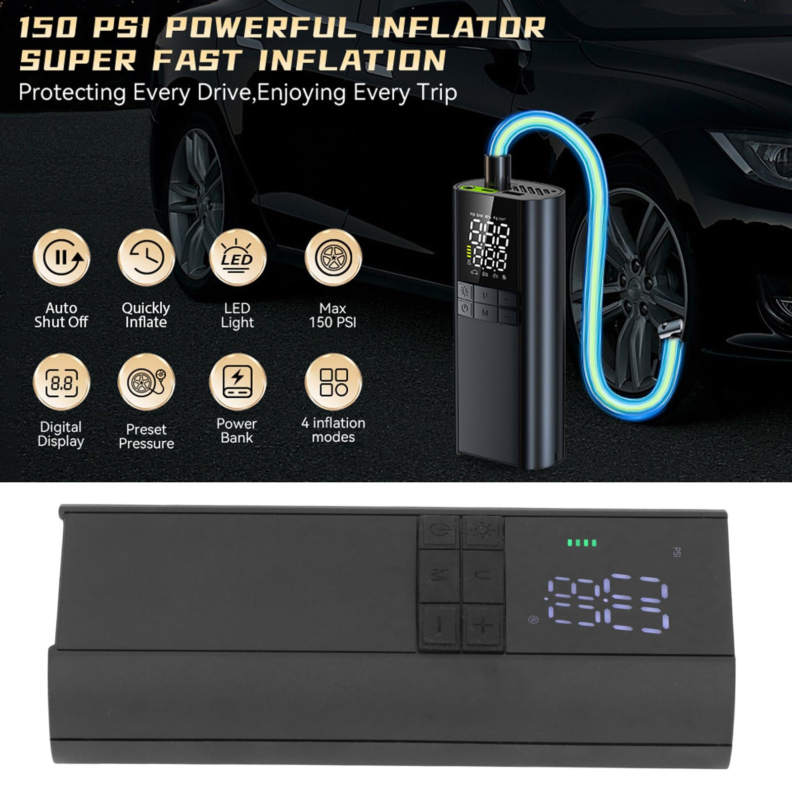 Elektryczna Pompka do Opon 8000 MAh, Przenośna Pompka do Opon ze Stopu Aluminium, Inflator 150 Psi z Manometrem, Lampka LED i Power Bank do Samochodu, Motocykla, Roweru, Piłek i