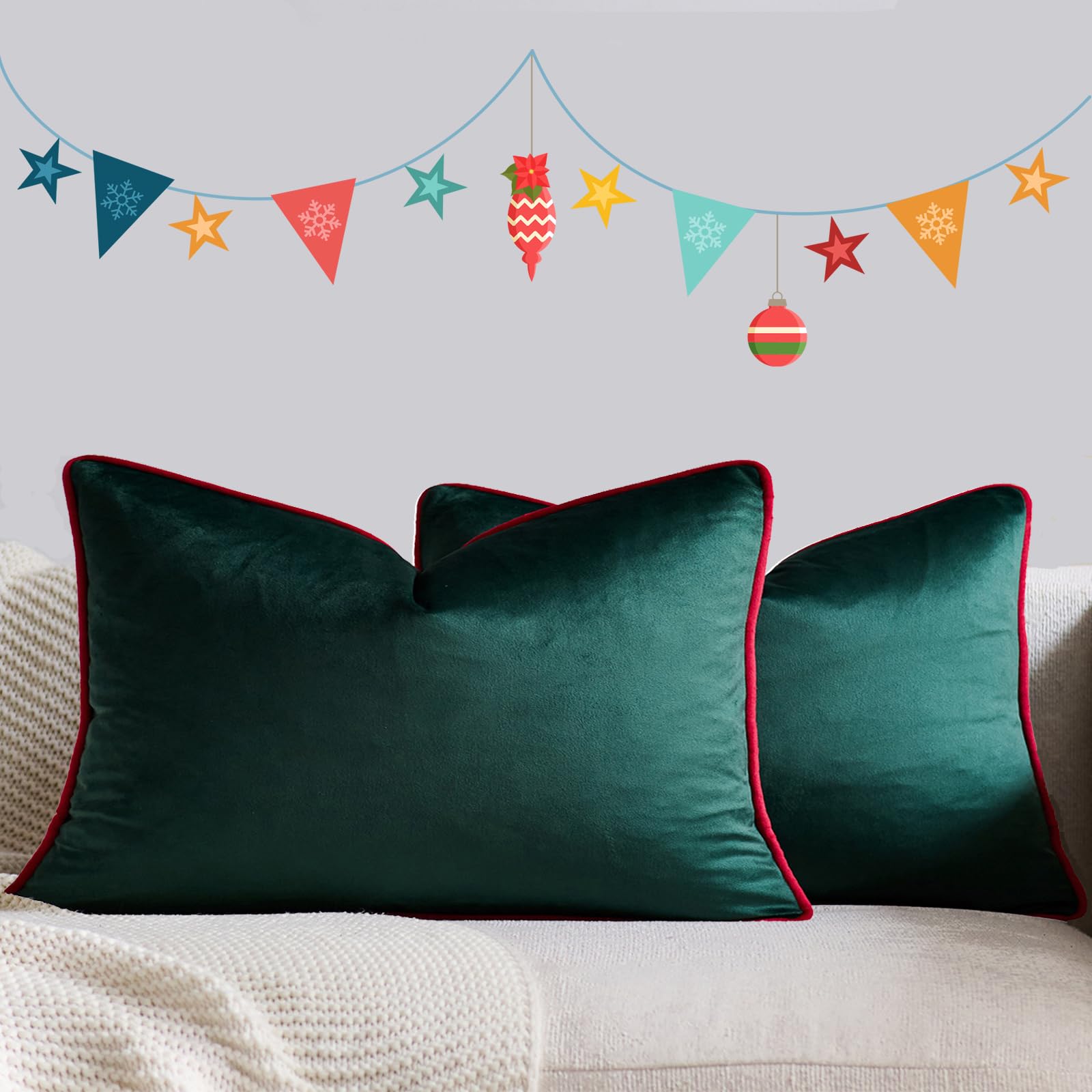 HOSTECCO Christmas Lumbar Pillow Covers 30x50 Set of 2 Green and Red Velvet Cushion Cases Winter Holiday Cushions for Couch Sofa Living Room โ image 1