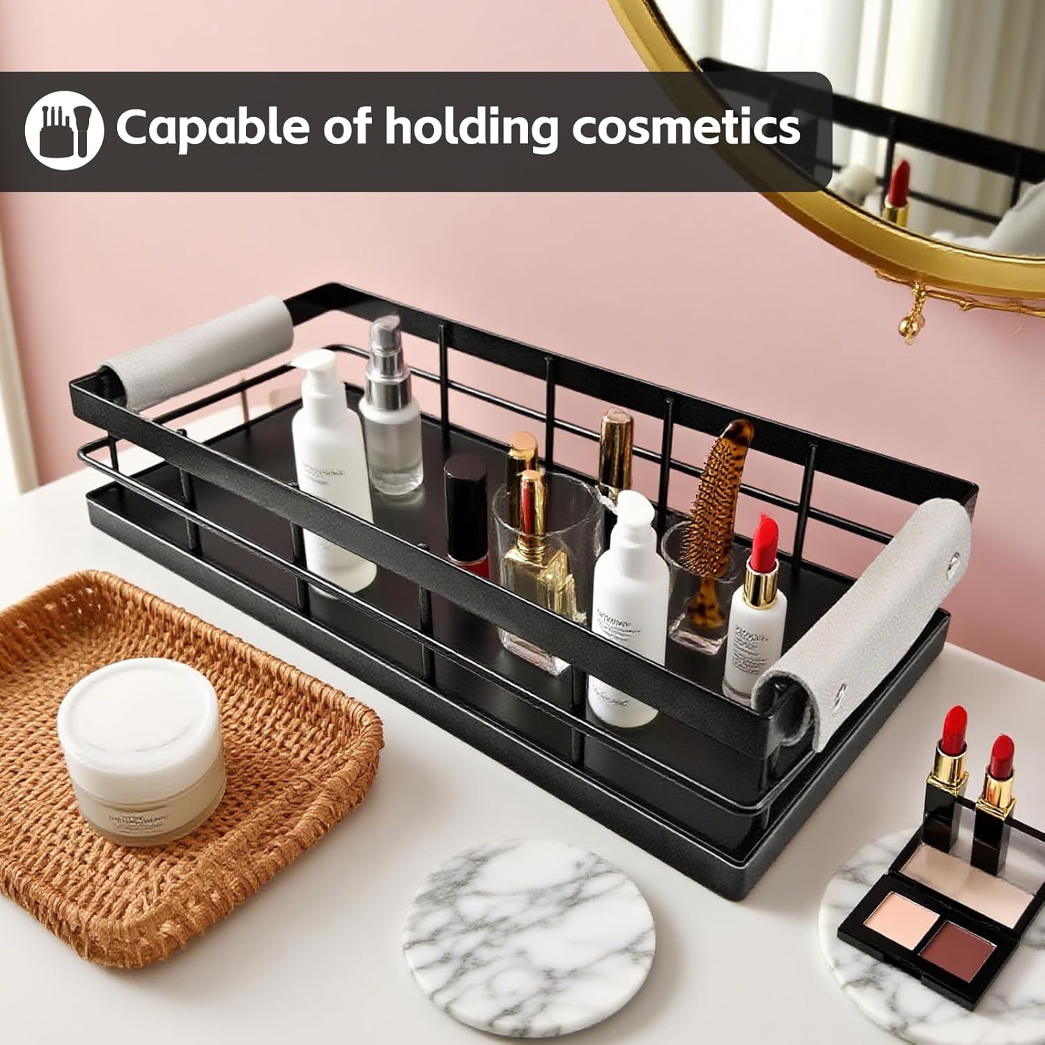 Toilet Paper Storage Basket, 13 Inch Wood and Iron Toilet Tank Basket with Grip for Bathroom Tank Topper, Fragrance Cosmetics toiletries Bath Bottles Counter Decoration Tray (Black) - Image 3