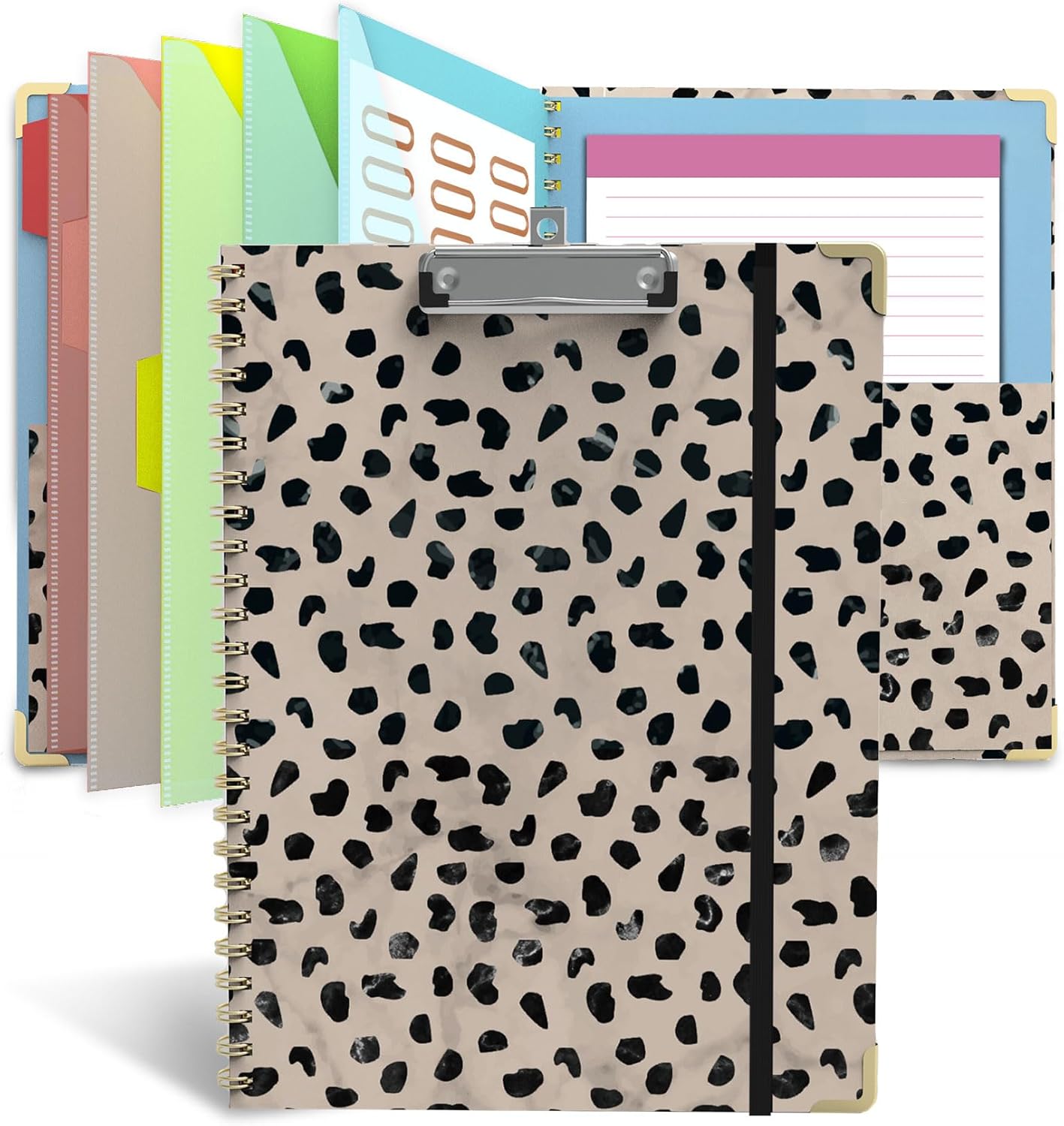 Clipboard Folio with Notepad for Letter Size (11" x 8.5"), 5 Extra Folders with Storage 10 Pockets, 39 File Folder Labels, Elastic Closure Spiral Clipboard with Storage(Cheetah Spots)