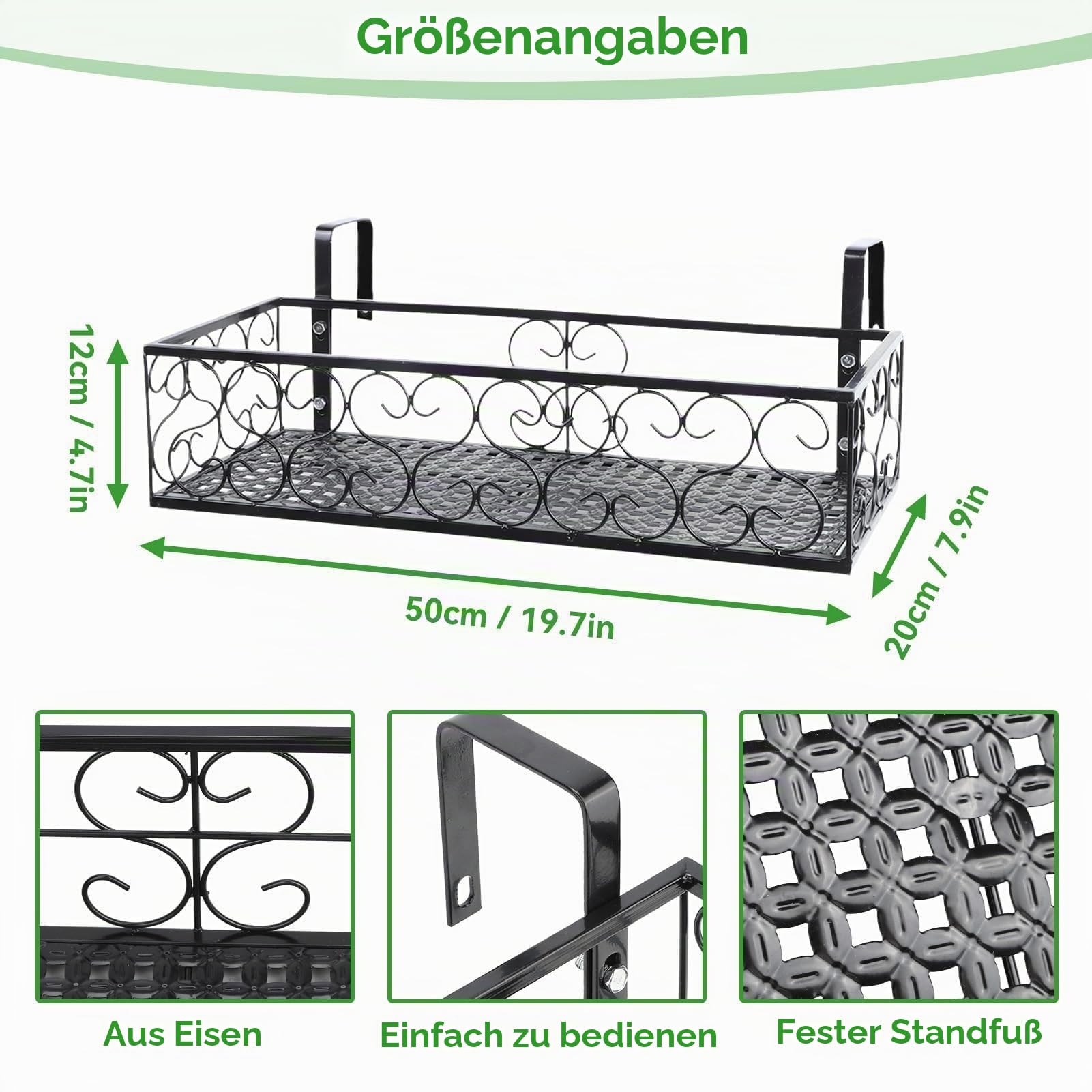 Balkon-Blumentopfständer, Schwarzes Balkon-Hängegeländer, Pflanzkorb, Blumentopfhalter, Pflanzeneisen, Zaun, Topfständer, Montiert, Rechteckige Pflanzenkörbe, Regaldekoration