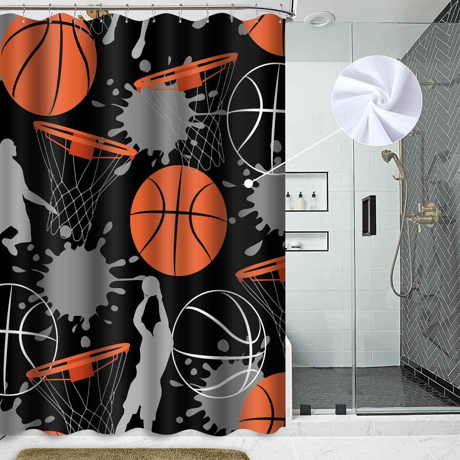 Basketball Sports Shower Curtains Basketball Theme Playing Game Oil Splash Painted Doodle Cool Art Teen Boys Room Decor for Bathroom Standard Size 72 X 72 Inch