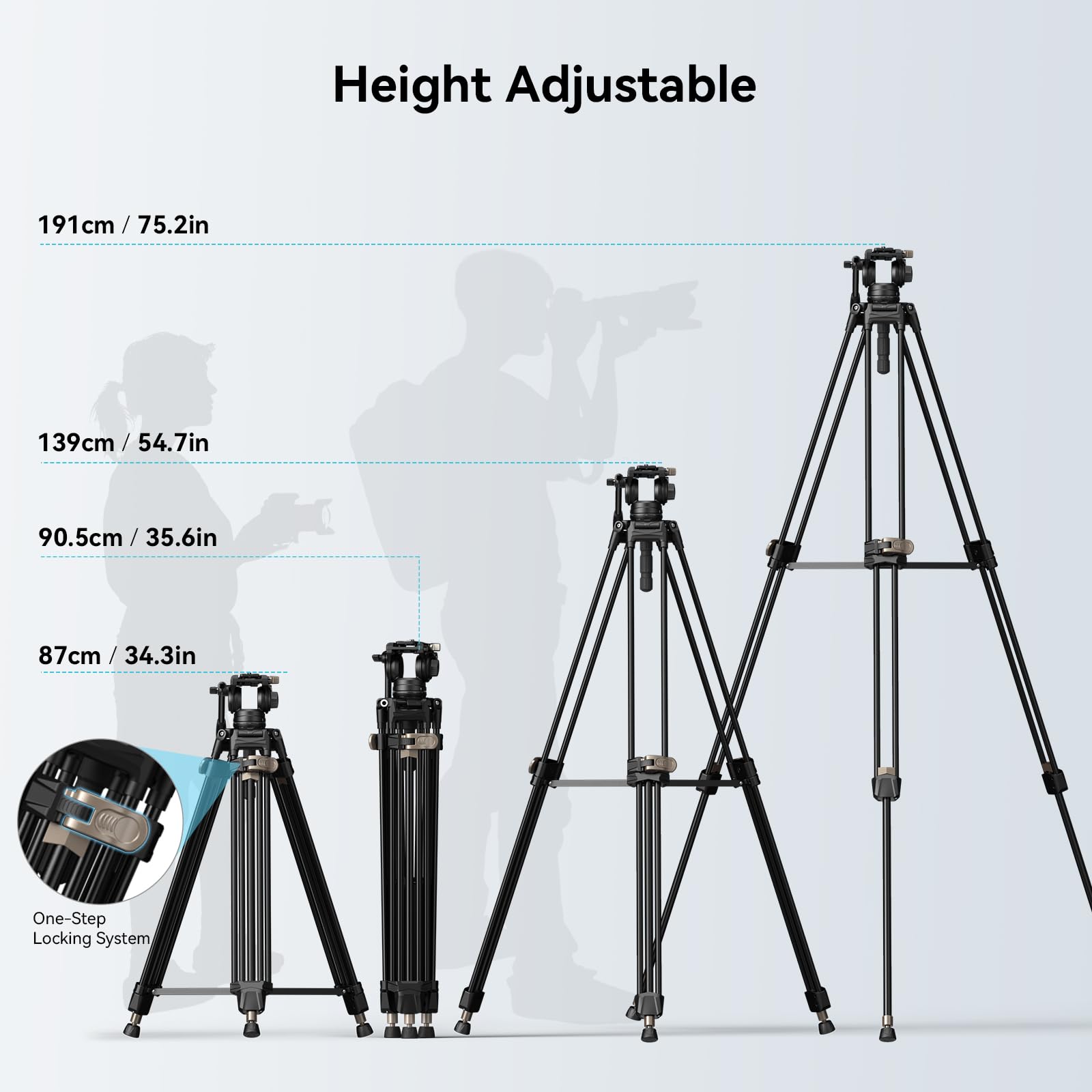 SMALLRIG AD-80 Trépied Vidéo Robuste avec Tête Fluide, 191cm Trépied Professionnel avec 75mm Adaptateur de Bol, Réglage de la Hauteur en Une Étape, Charge Jusqu'à 8kg, FreeBlazer Kit - 4163