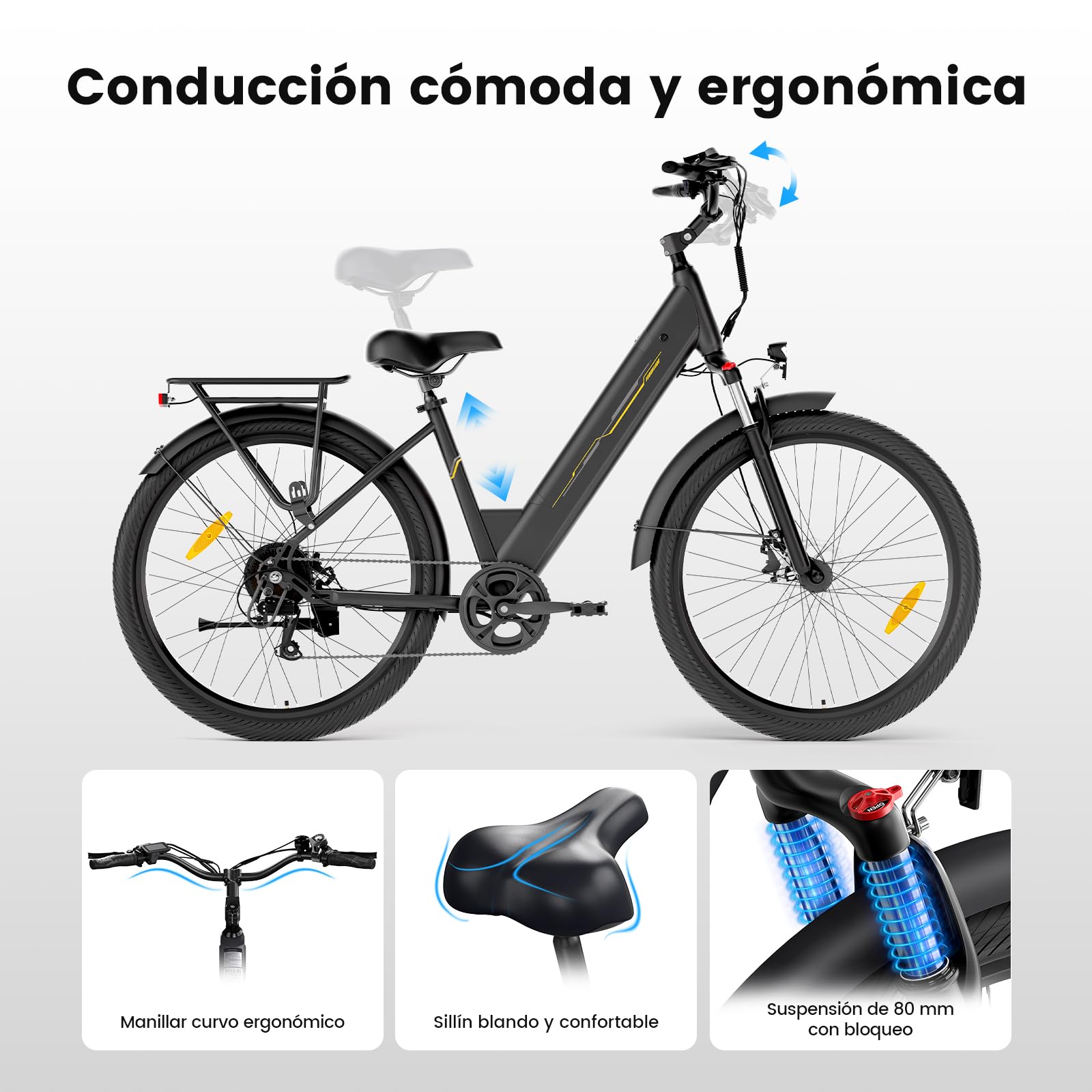 Bicicleta eléctrica de 27,5" para Mujer, Motor 250W, batería 36V 15,6Ah, autonomía hasta 100 km, Frenos de Disco mecánicos, suspensión Delantera, 7 velocidades
