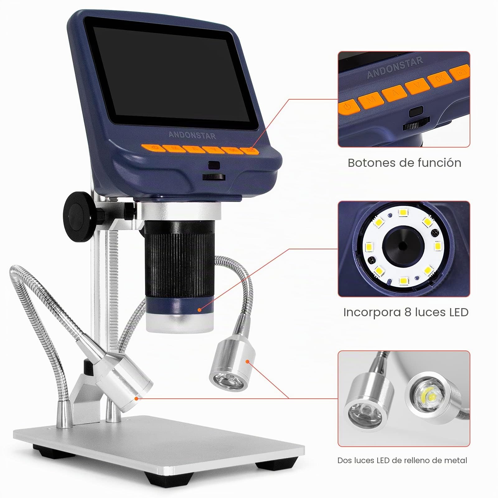 Andonstar AD106S Microscopio digital USB con pantalla LCD de 4.3 pulgadas, 200X para soldadura de PCB, cámara de microscopio para monedas con 8 luces LED ajustables