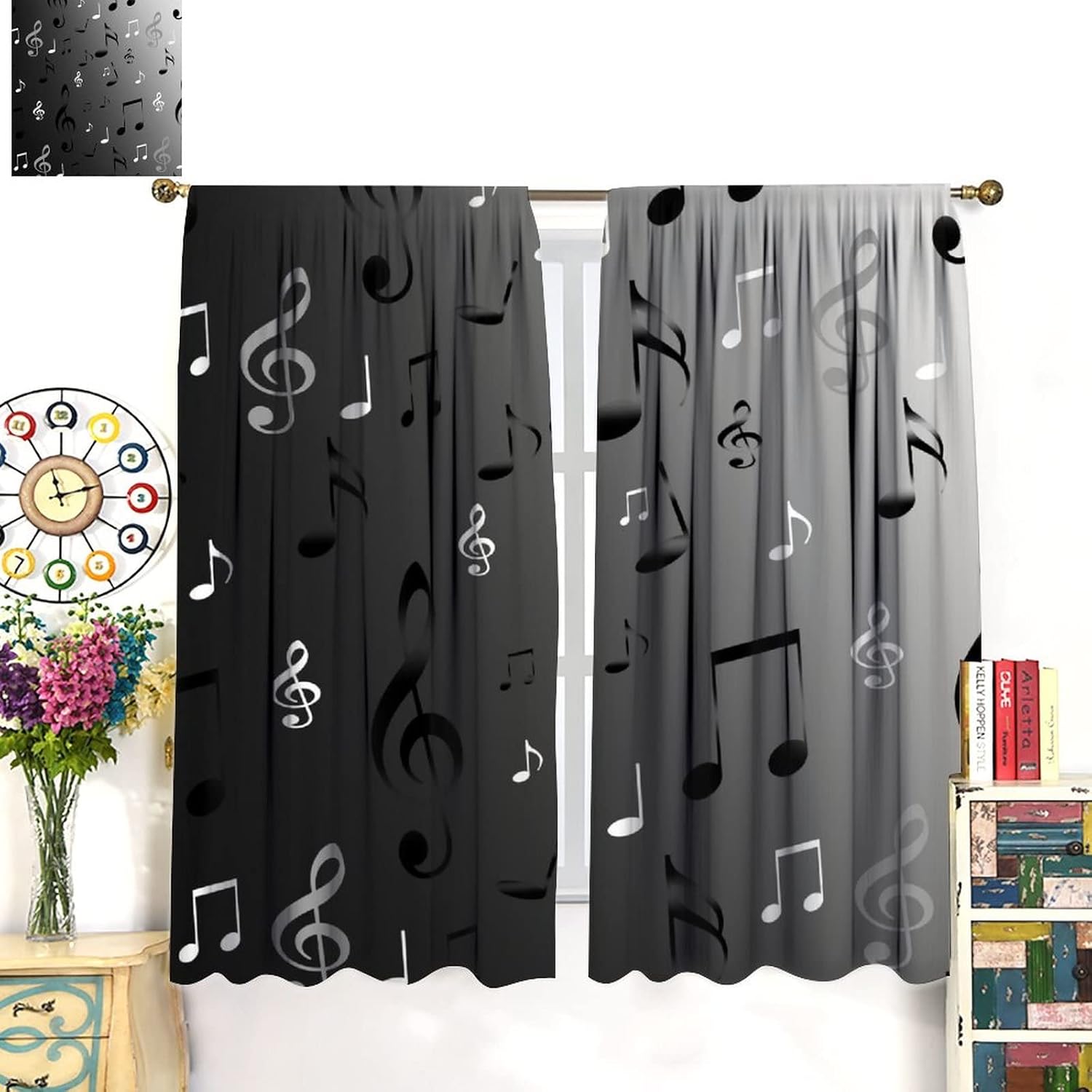 Vintage Musical Notes Theme Blackout Curtains for Bedroom,Rustic Black Grey Symbol Music Design Window Curtains Rod Pocket 2 Panels 72L x 31.5W