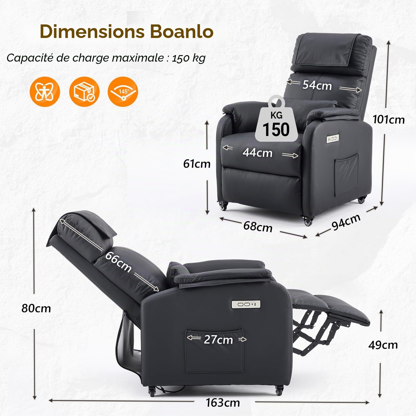 Bonnlo Fauteuil de relaxation, fauteuil de télévision, fauteuil de massage électrique avec fonction allongée, fauteuil TV, massage à 2 points et fonction chauffante, ports USB-C et USB-A, 1 poche
