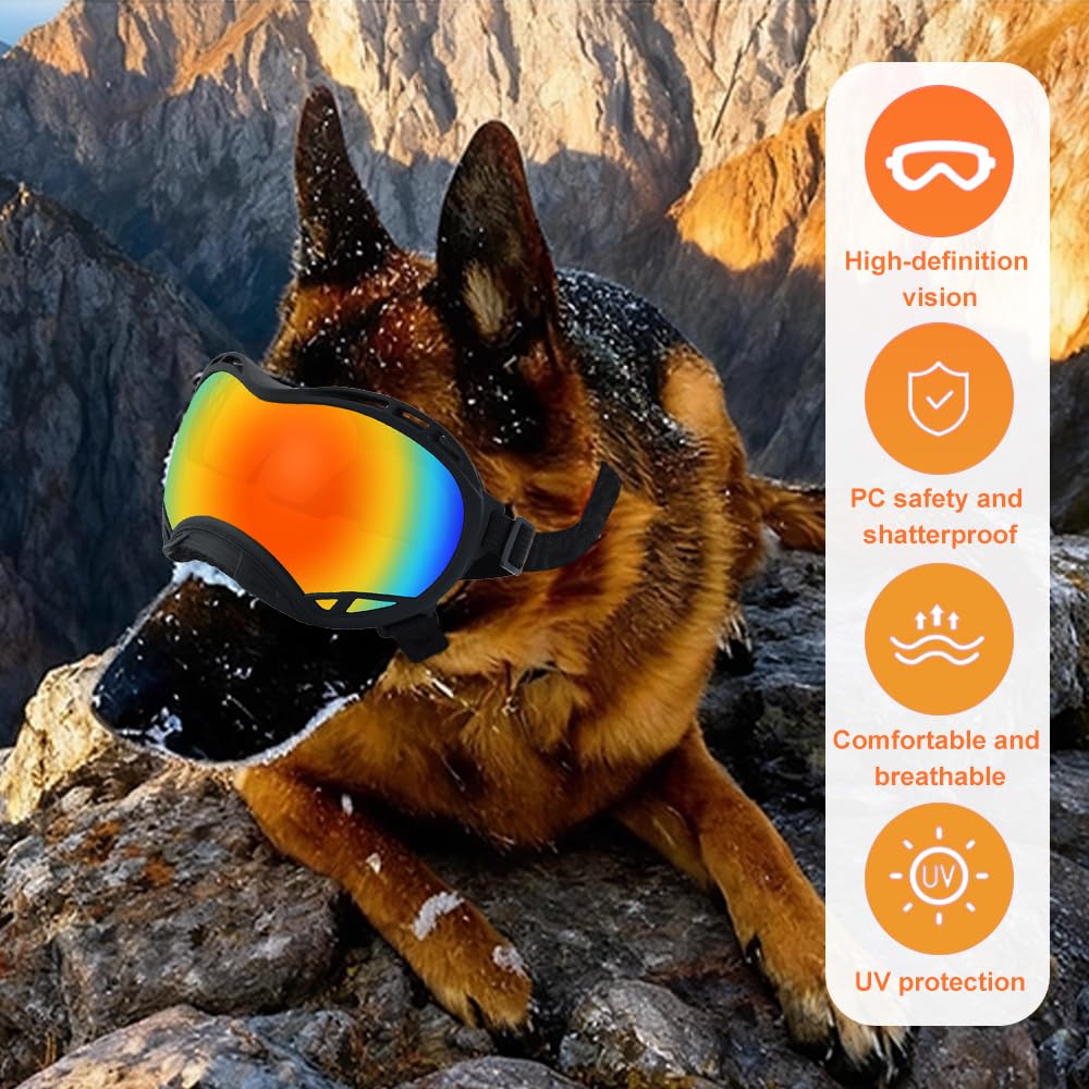 Occhiali da Sole per Cani con Scatola per Occhiali da Sci, Occhiali per Cani con Cinturini Regolabili Occhiali UV per Animali Domestici Antivento per Cane Medio per Neve/Attività all'Aperto