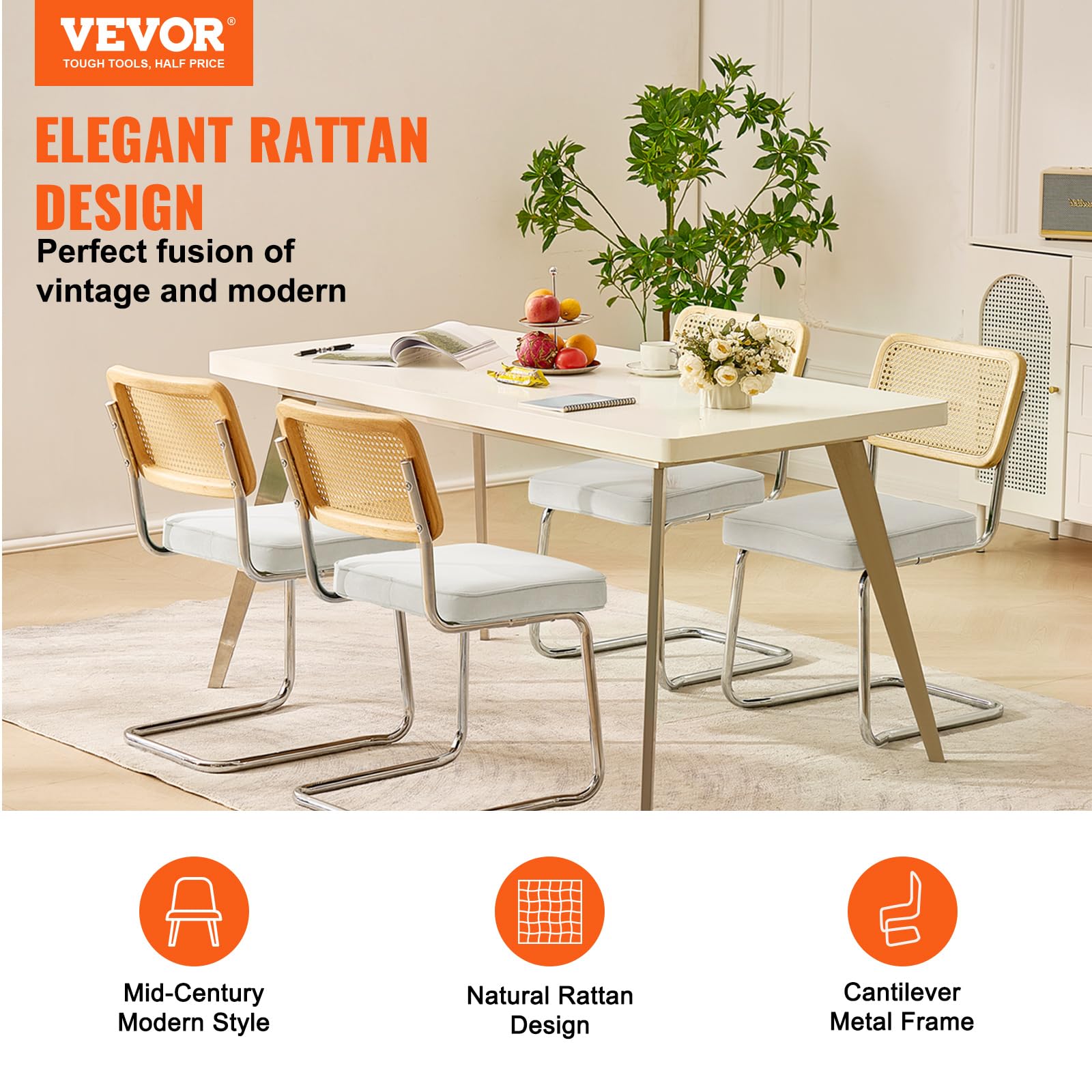 VEVOR Chaises en rotin, Lot de 4, chaises de Salle à Manger Modernes du Milieu du siècle, Chaise d'appoint en Velours tapissée avec Dossier en rotin, Chaise rétro pour Salon, Chambre, Bureau, Blanc