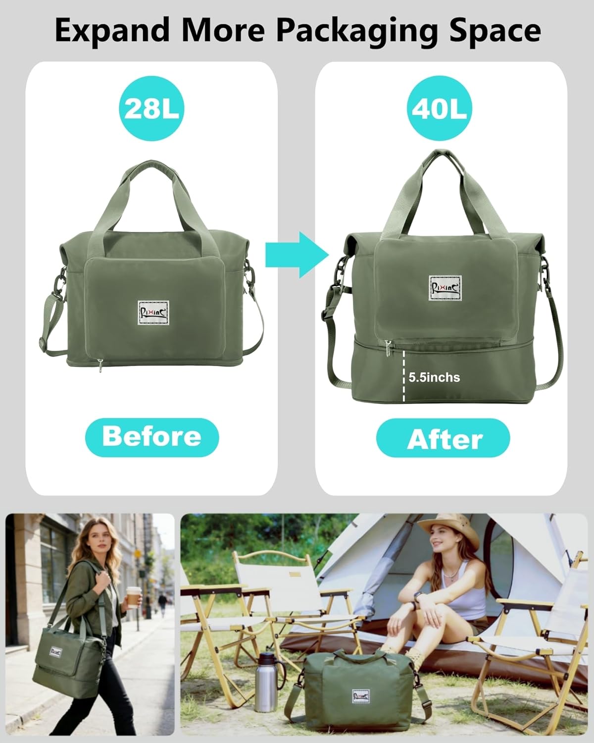 Foldable Travel Bag, 40L Duffle Bag for Travel with Multiple Pockets, Expandable Gym Carry On Bag, Overnight Weekender Bags for Women (Olive green) - Image 5