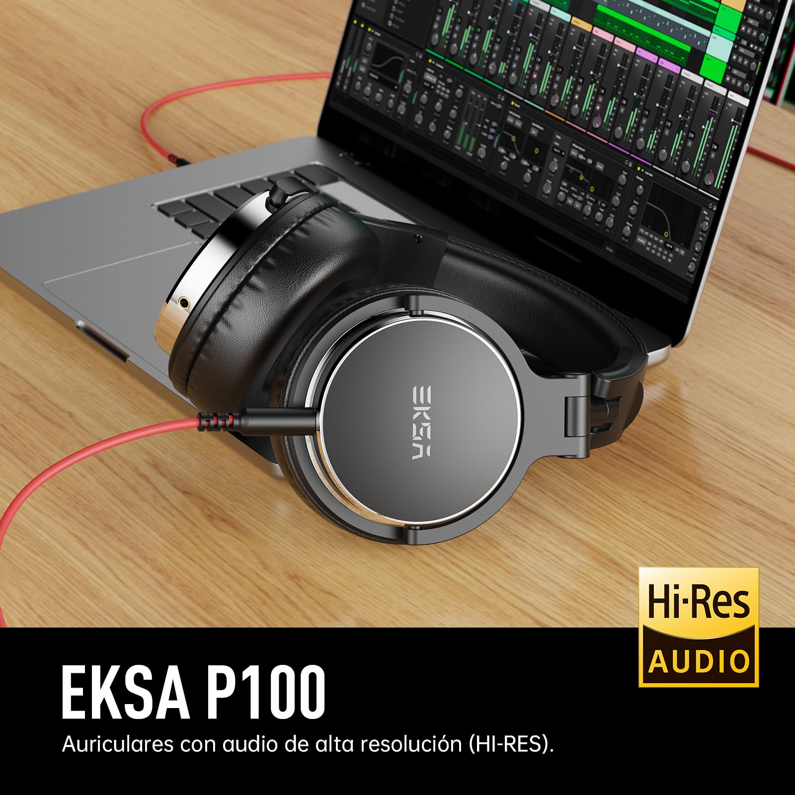 EKSA P100 Auriculares DJ con Cable, para PC AMP Grabación de Podcast Teléfono Piano Guitarra,Estéreo de Mezcla y Monitor de Estudio, 50mm Controladores, 3.5 y 6.35mm Conector de Audio Negro