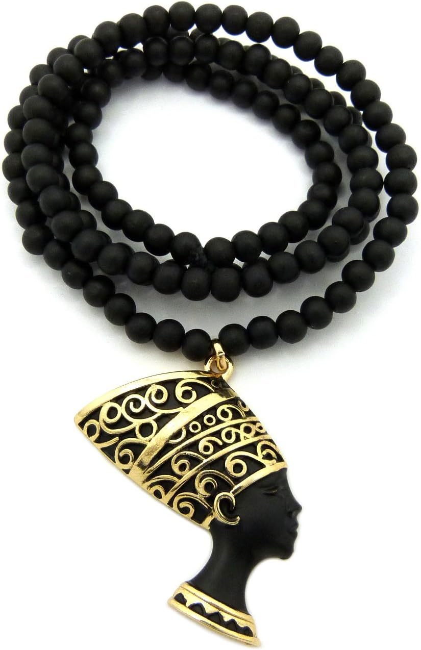 Fashion 21 Egyptian Queen Nefertiti Pendant 6mm 30 inches Wooden Bead Necklace Gold Tone 2 Colors Available