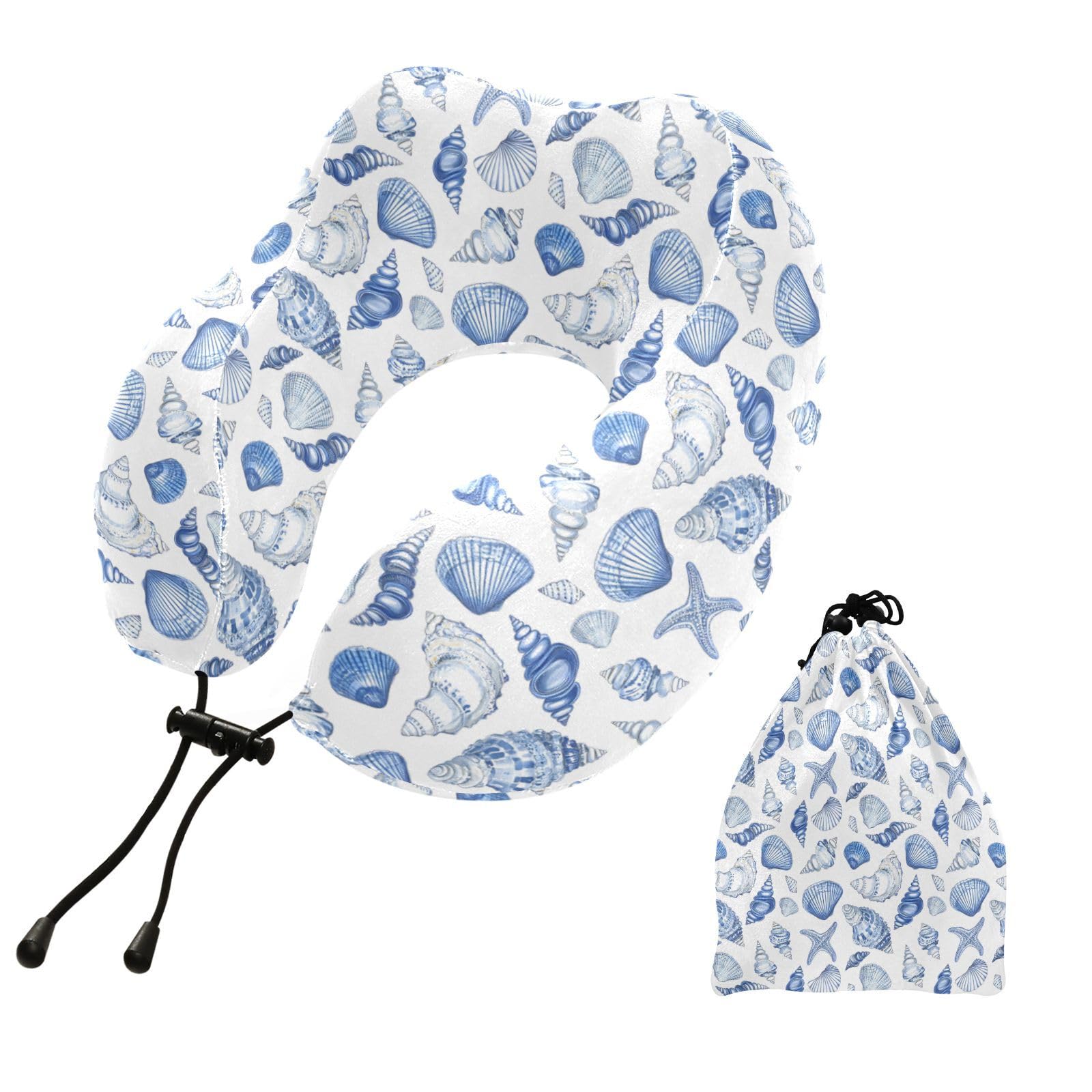 SUABO Travel Neck Pillow, Blue White Seashells Memory Foam Pillow Neck Pillow for Airplane Car Home Recliner Use