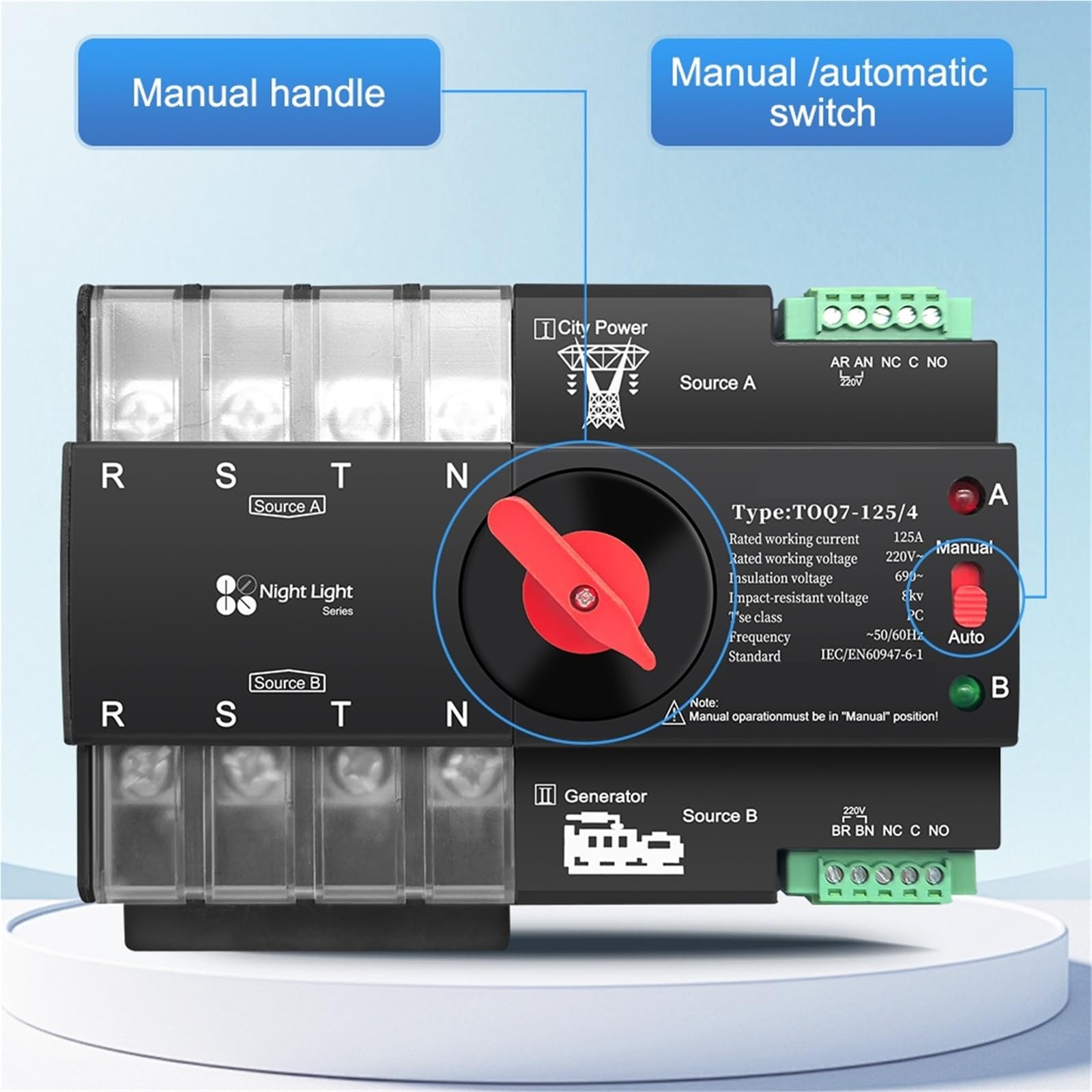 Interruptor selector eléctrico de transferencia automática trifásico ATS 4P 63A 100A 125A 220V 230V doble potencia ininterrumpida (1 unidad)(100A)