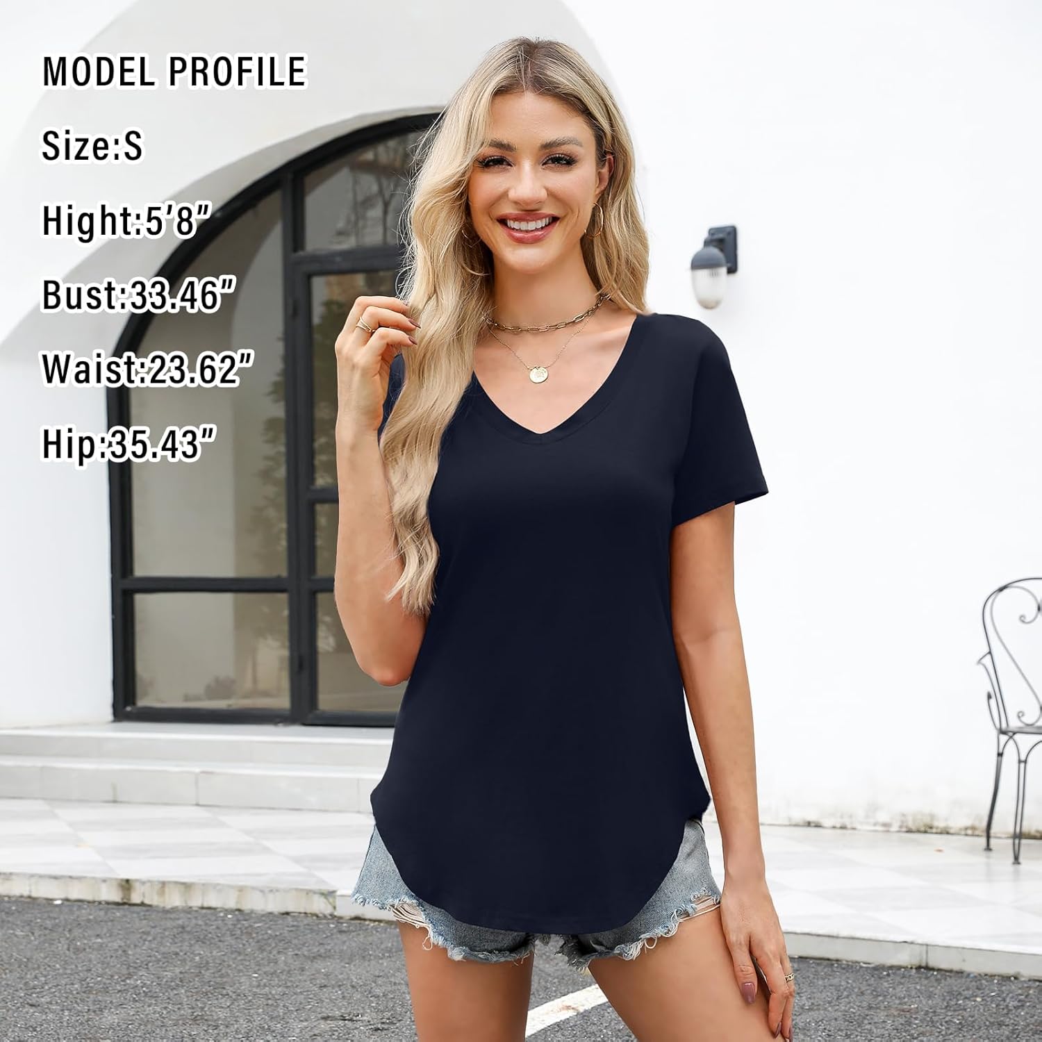 Elesomo Womens T Shirts V Neck Summer Short/Long Sleeve Cotton Tops Tees - Image 3