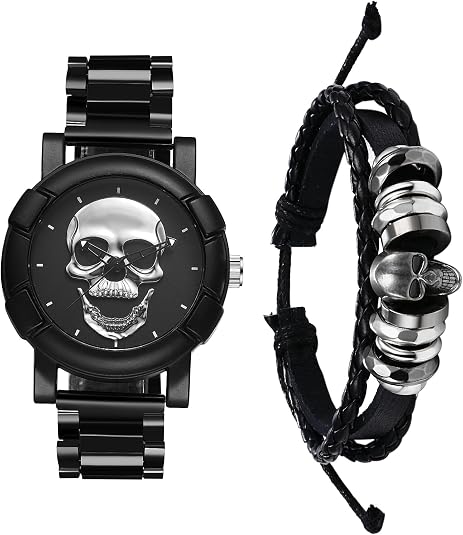 JewelryWe Punk Watches for Men: Round Analog Quartz Skull Watch Cool Stainless Steel Wristwatch Bracelet Watch Set for Father's Day
