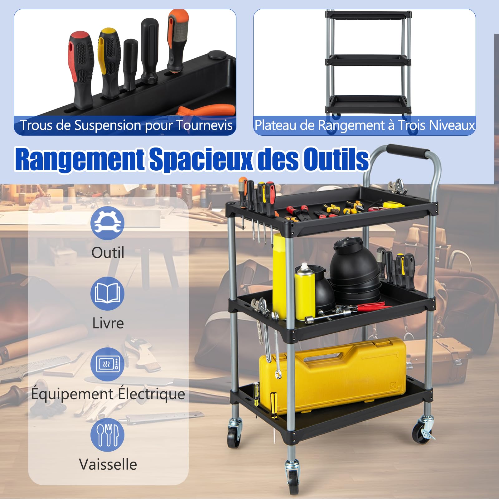 GOPLUS Chariot Servante Outils, Chariot de Service Porte Outils à 3 Étagères avec Trous de Suspension avec 4 Roues et Poignée, pour Garage, Atelier et Entrepôt, 64 x 40 x 102 CM