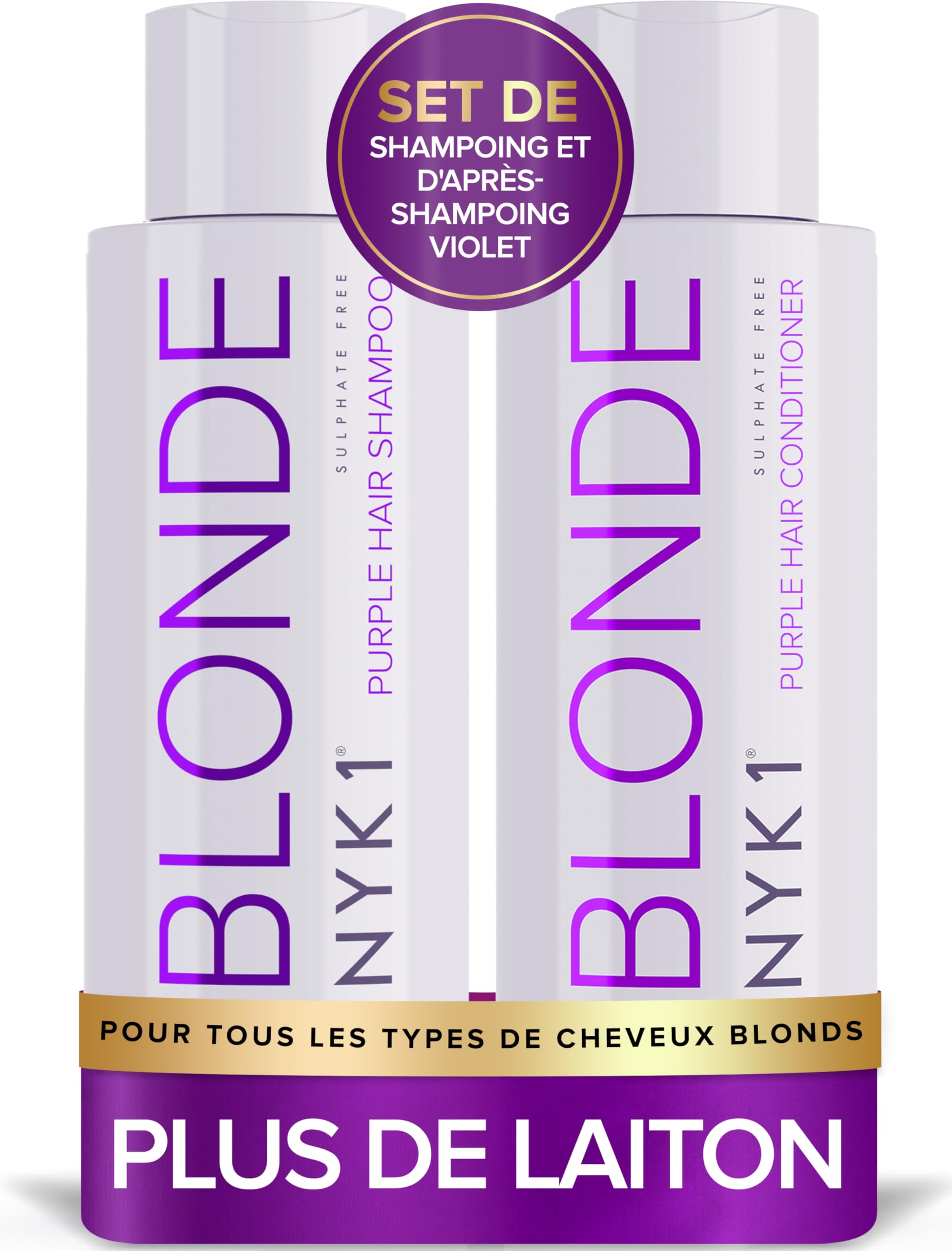 NYK1 Duo Shampoing & Après-Shampoing Violet NO MORE BRASS | 500ml x2 | Duo Shampoing et Après-Shampoing Blond pour Cheveux Décolorés, Colorés & Méchés - Neutralise les Reflets Jaunes et Cuivrés