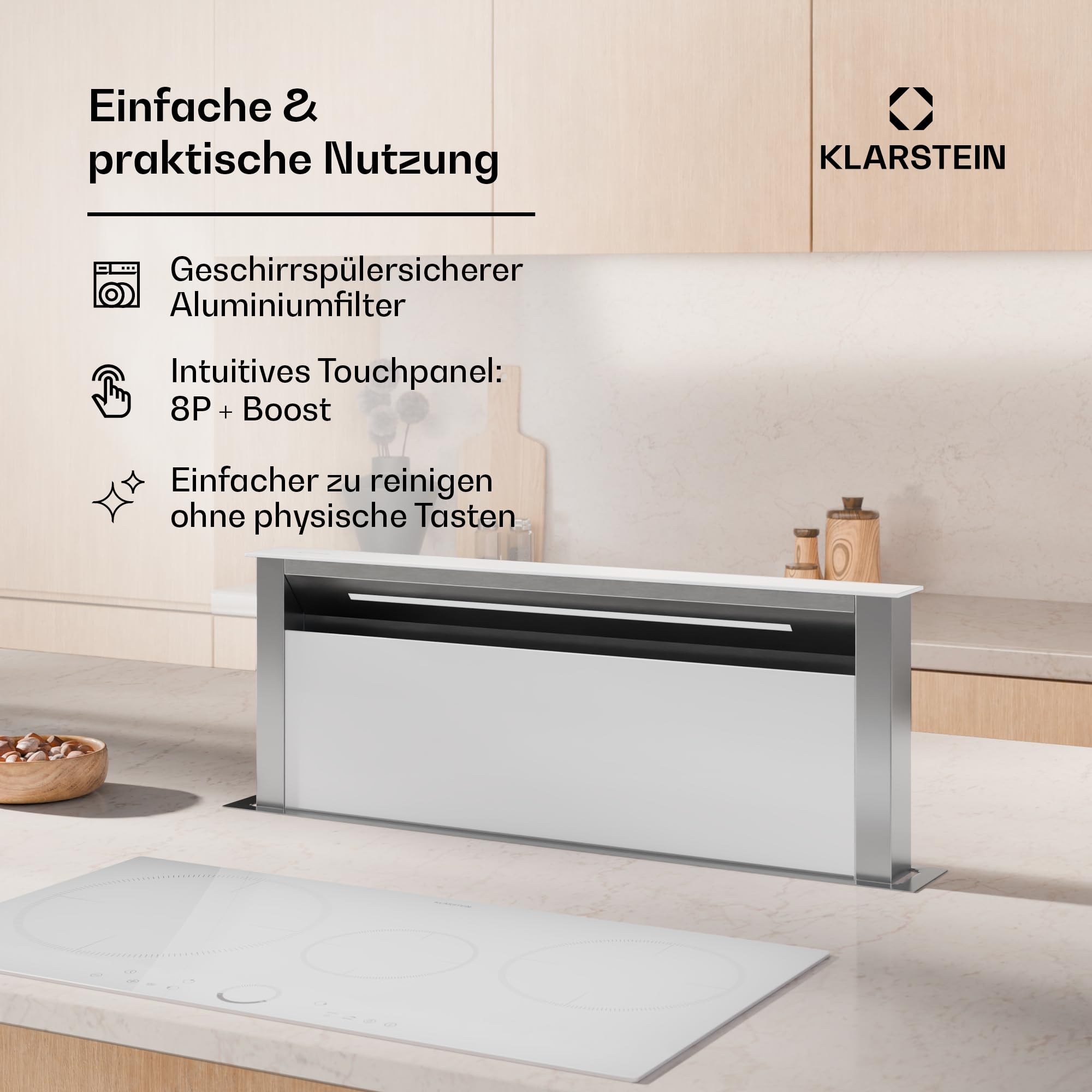 Klarstein Royal Flush Eco Downdraft Dunstabzugshaube - A++ Energieeffizient, 720 m³/h Abluft, Touch-Bedienfeld, LED-Beleuchtung, Edelstahl & Glas, 52 dB Geräuschpegel