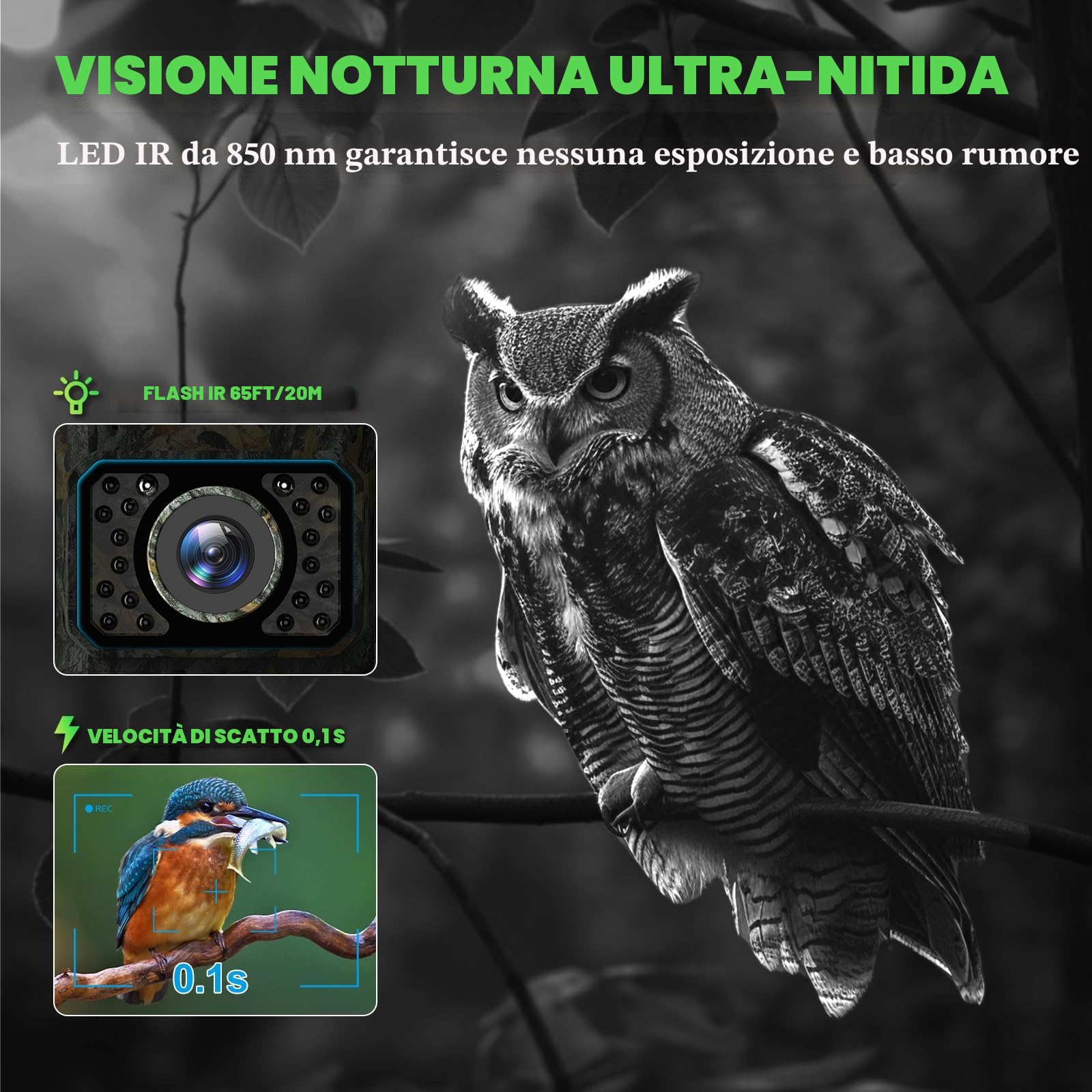 Coolifepro Fototrappola con Pannello Solare, 60MP 30FPS WIFI Bluetooth e App Fototrappola con Batteria al Litio Ricaricabile Integrata da 2000mAh, Angolo di Rilevamento 100° con scheda SD da 32GB