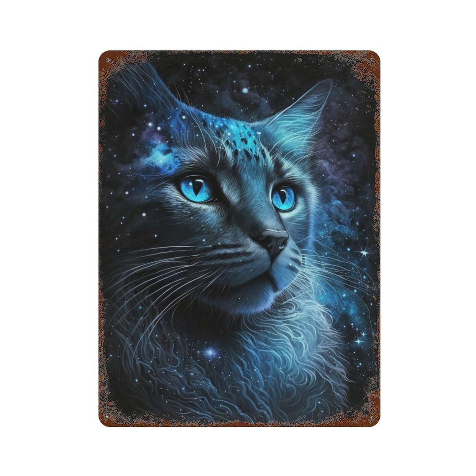 Cosmic Cat Portrait-4 Weathered Tin Sign 15.7"x11.8", Rustic Home Decor for Garage, Bar And Workshop Decor