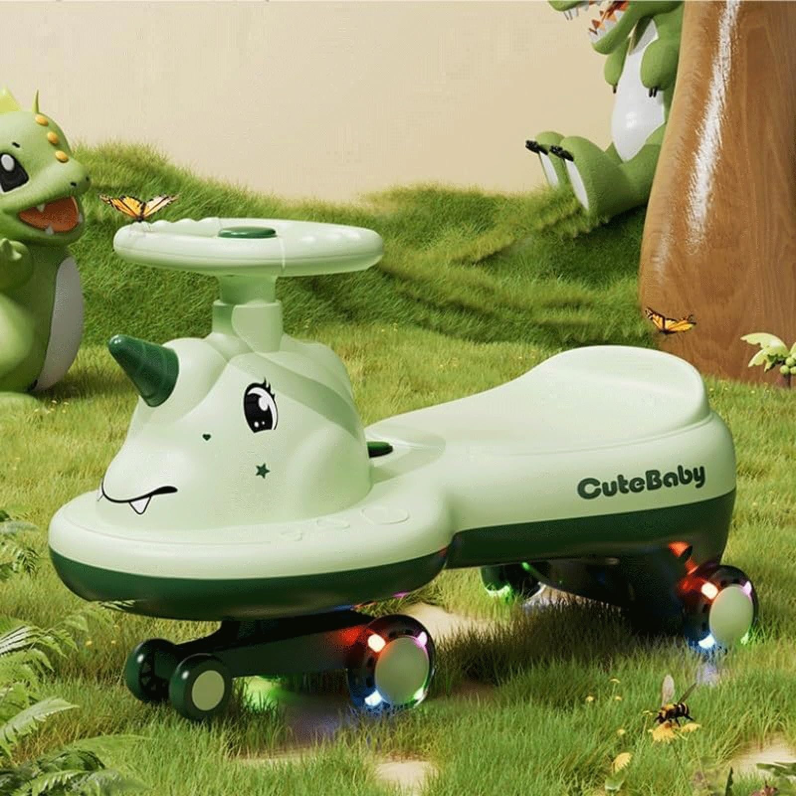 Wiggle Car Cichy, huśtawkowy samochód z migającymi kołami, hulajnoga Wiggle, rowerek biegowy z muzyką i światłami, jeździk dla dzieci w wieku 1-6 lat(Gelb,Flashing wheel)