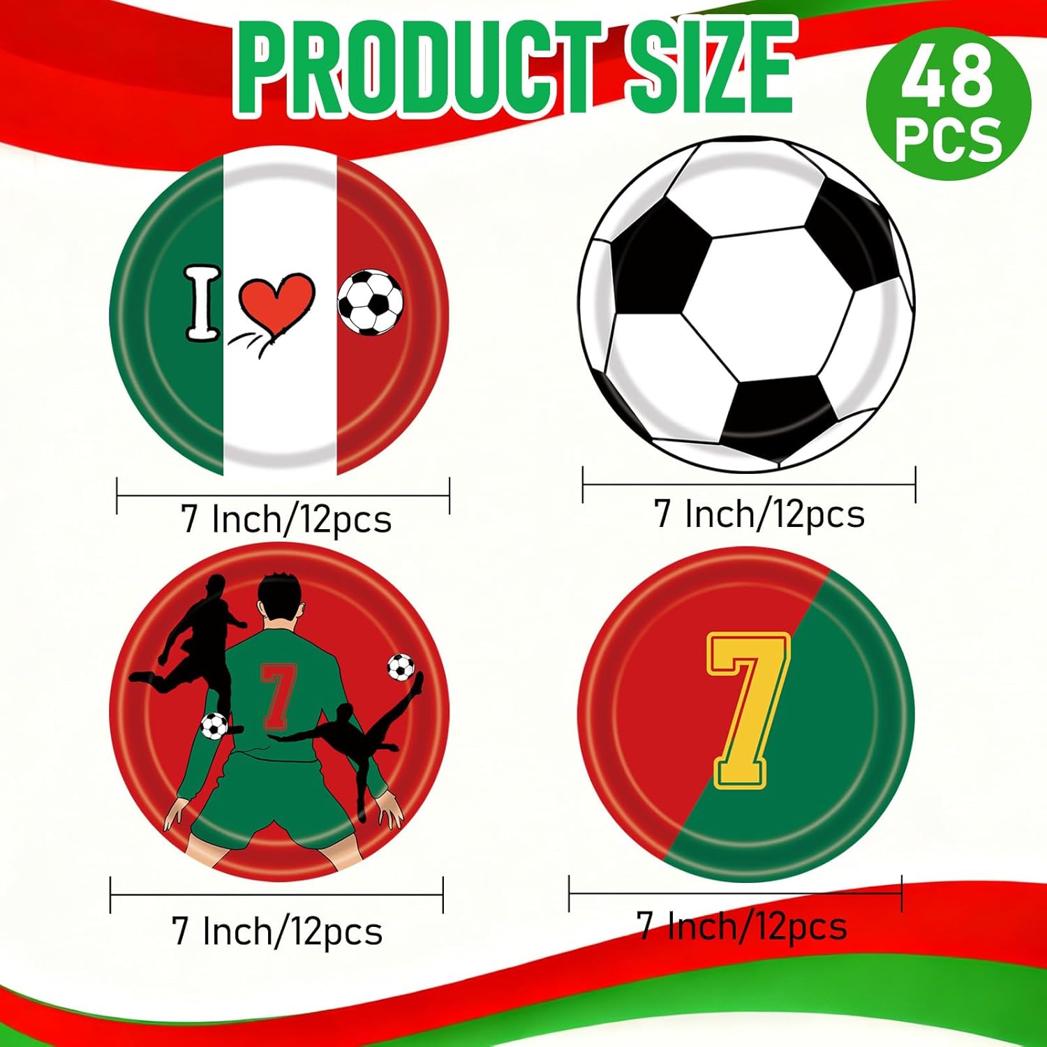 48 Pcs Soccer Paper Plates 7" Soccer Birthday Party Disposable Dessert Plates Supplies Green Red Sports Ball Plates Sport Party Dinnerware Decorations Tableware for Birthday Baby Shower Sporty Party - Image 2