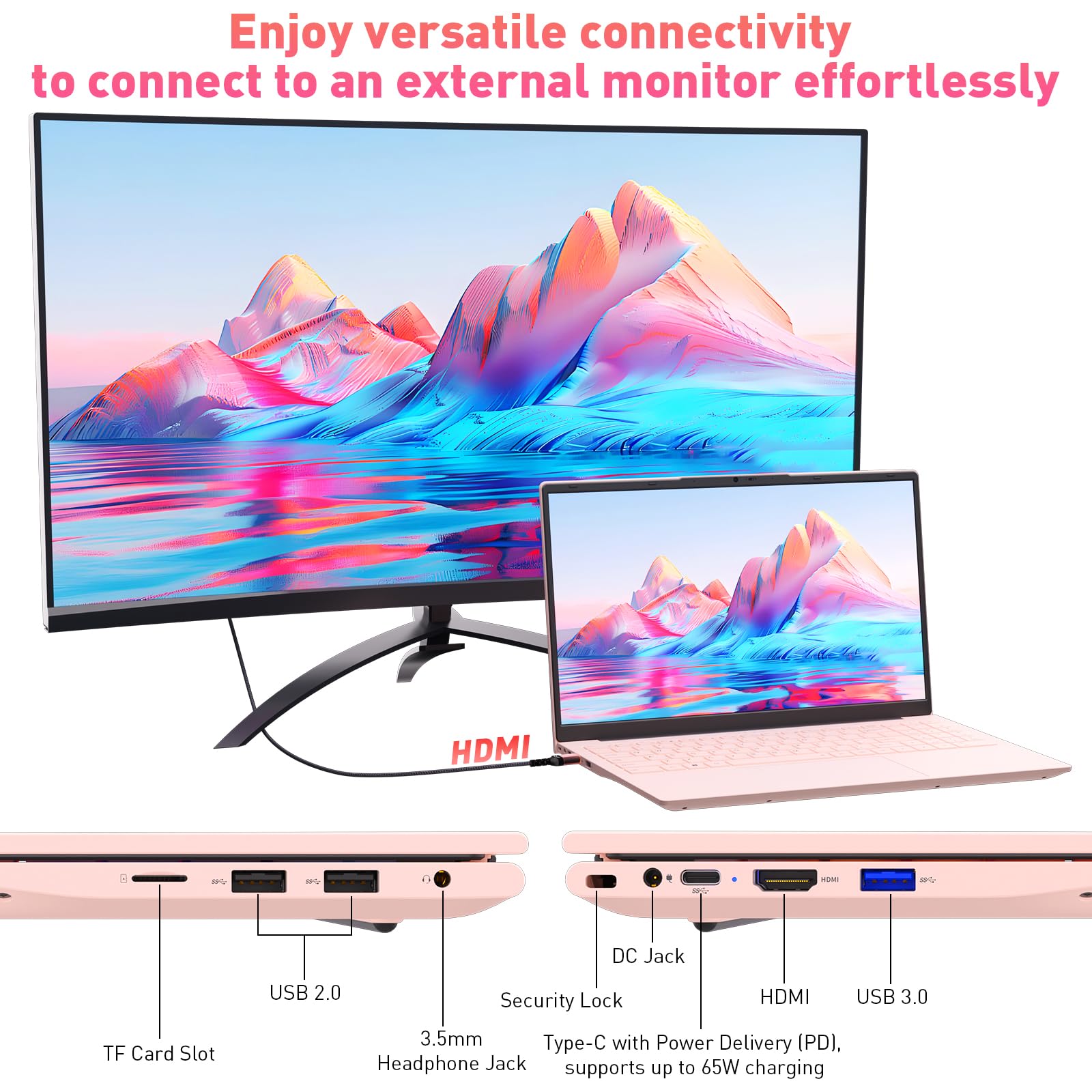 Auusda 15.6" FHD Laptop for Students & Work, 16GB Dual RAM, 512GB SSD, Backlit Keyboard, Fingerprint Sensor, Pro System, Dual core Processor, Full-featured USB C, USB 3.0/2.0, HDMI, Pink — view 4