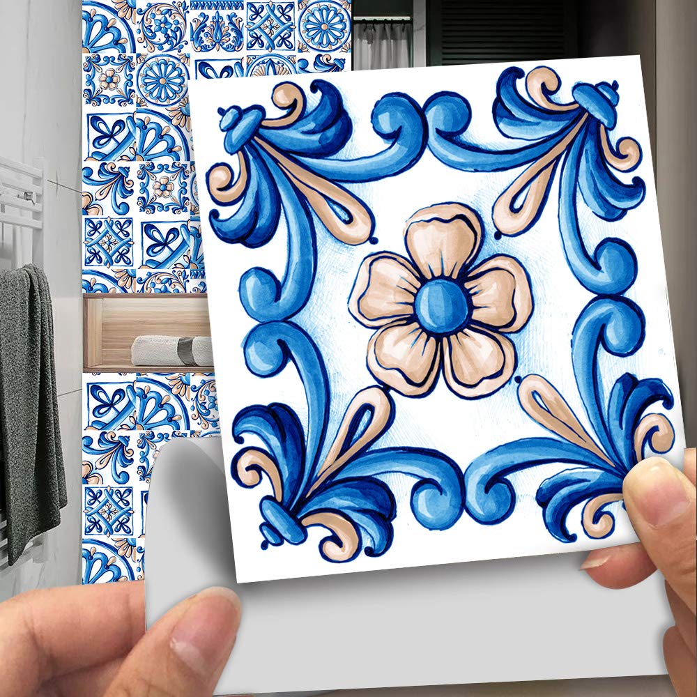 Confezione da 20 adesivi per piastrelle per cucina e bagno, impermeabili in PVC, decorazione da parete autoadesiva, decorazione a mosaico in stile architettonico retrò (20,3 x 20,3 cm, blu)
