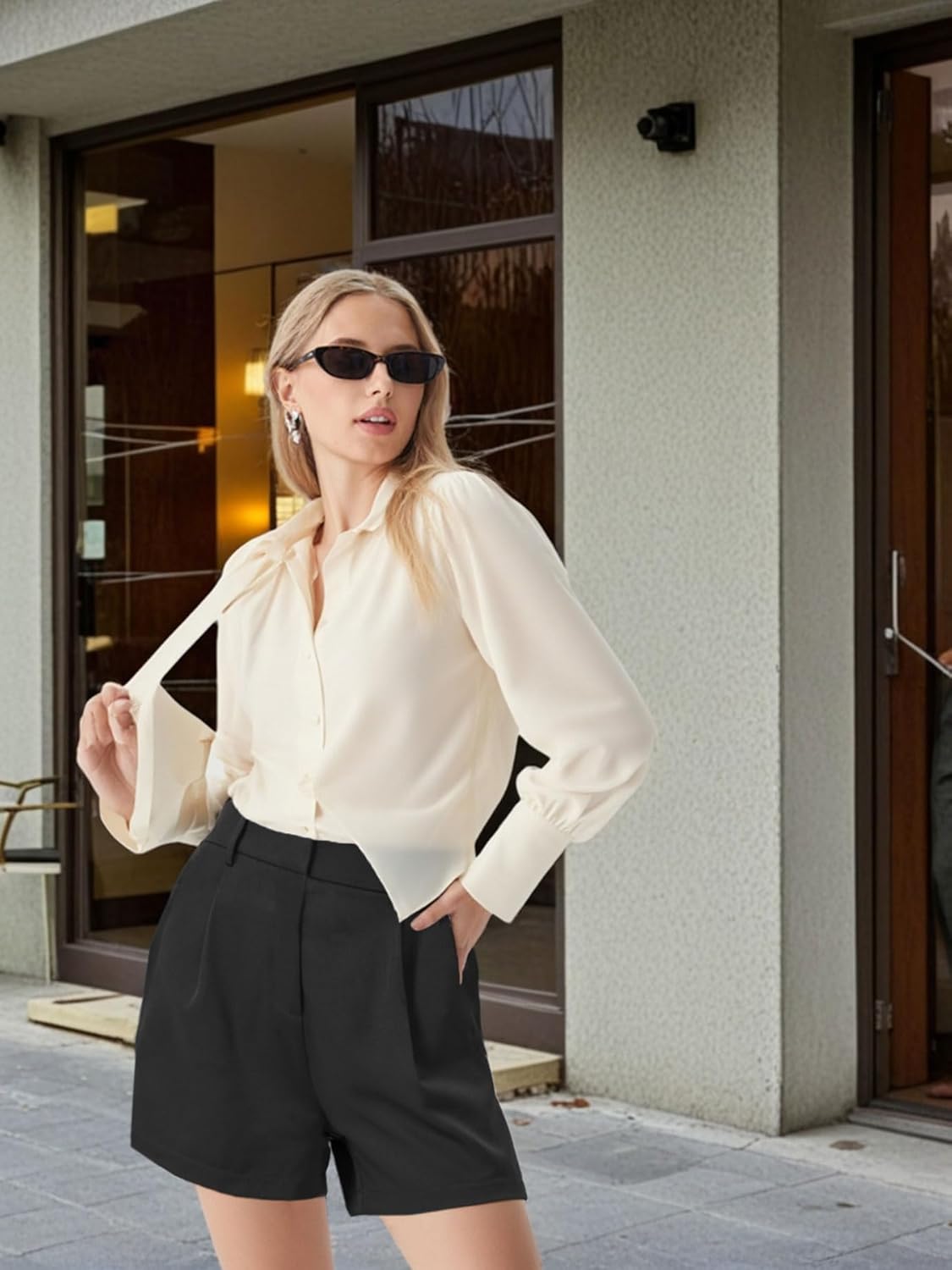 XinYangNi Casual Elastic High Waisted Tailored Work Business Pleated Wide Leg Dressy Shorts with 2 Pockets for Women Black Small - Image 2