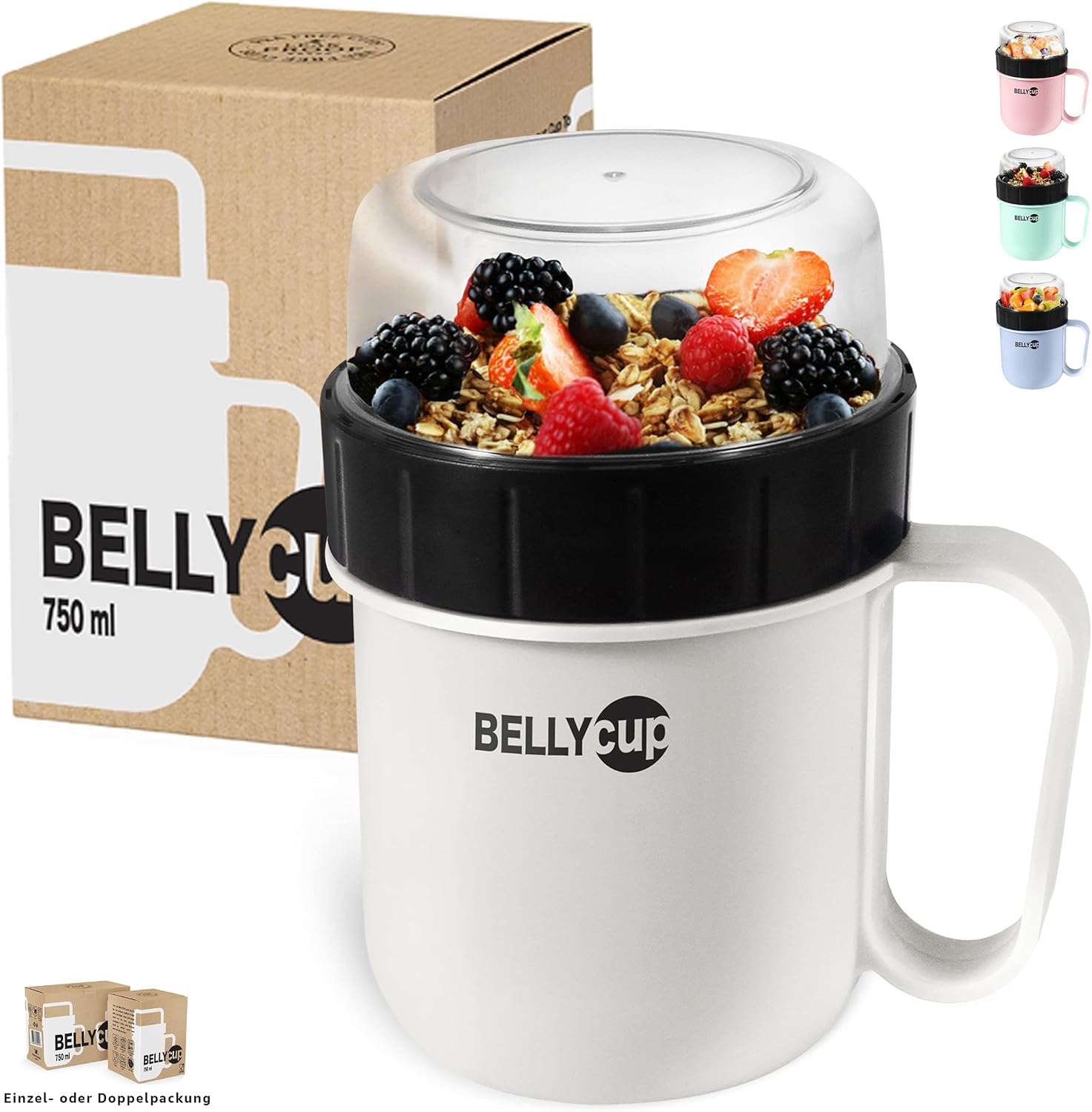 BELLYCUP Cereal Cup To Go, BPA, Your Practical Cereal Cup for Travelling, In Grey, Pink or Blue