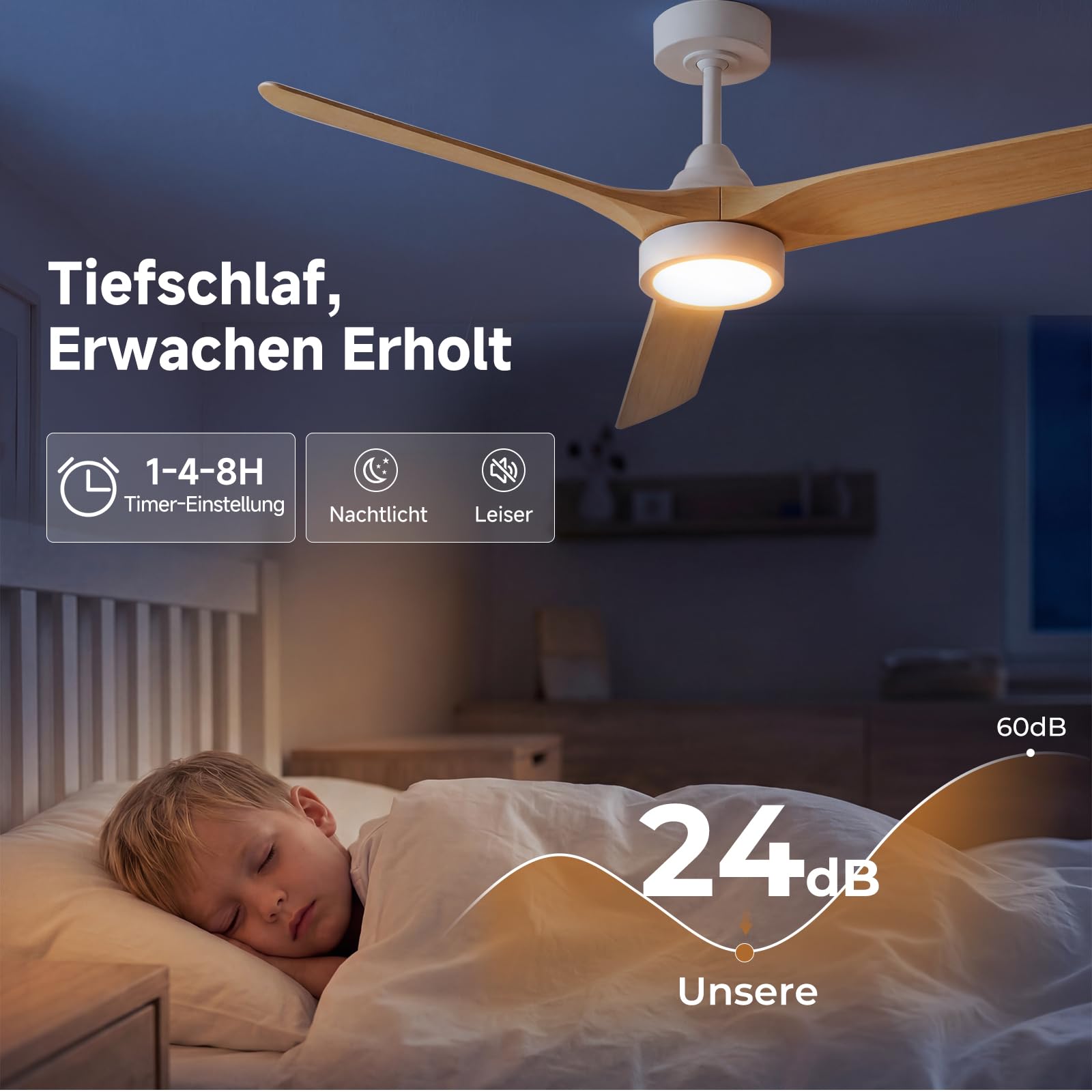 Ateroll 132 cm Deckenventilator mit Beleuchtung und Fernbedienung, DC-Motor, 6 Geschwindigkeiten, Timer, dimmbares LED, Sommer-Winterbetrieb