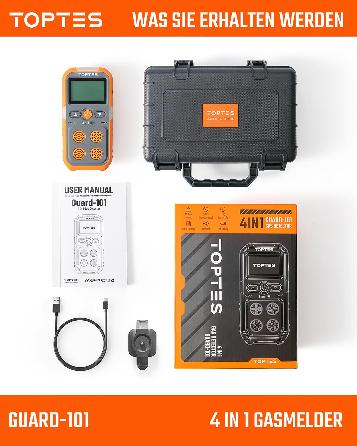TopTes Guard-101 Gasmelder, 4 Gasmelder Für H2S, CO, LEL Und O2, Mit Vibration, Licht- Und Tonalarm, 14 Stunden Batterielaufzeit, Explosionsgeschützt, Für Arbeit Und Zuhause - Orange