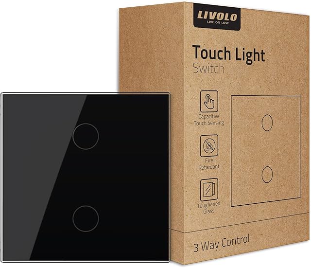 LIVOLO Wall Intermediate Switch Touch Light Switch(No Neutral),Single Pole Bulb Wall Switch with LED Indicator,Scratch-Resistant Tempered Glass Panel,2 Gang 2 Way,Black,VL-B602S-3BG