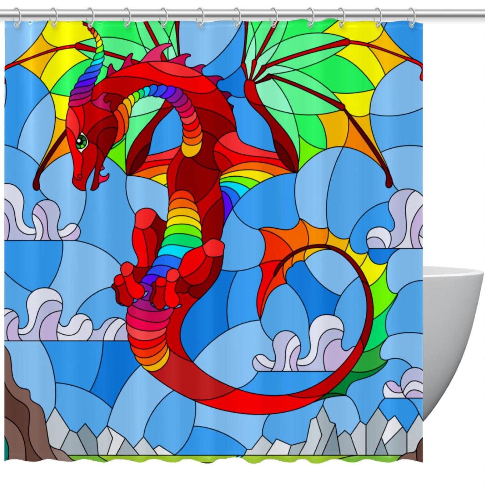 Rideau de douche dragon et lune en vitrail bleu pour salle de bain 168x183 cm