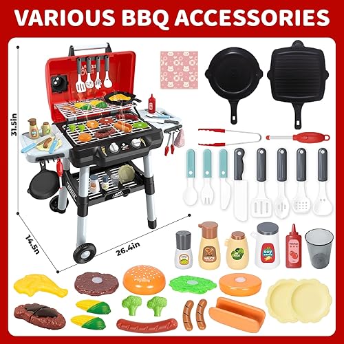 Miniatura 7 de Juguetes de cocina para niños, juego de parrilla de barbacoa para niños con luz de sonido de humo, juguete de barbacoa de 2 capas con rueda,