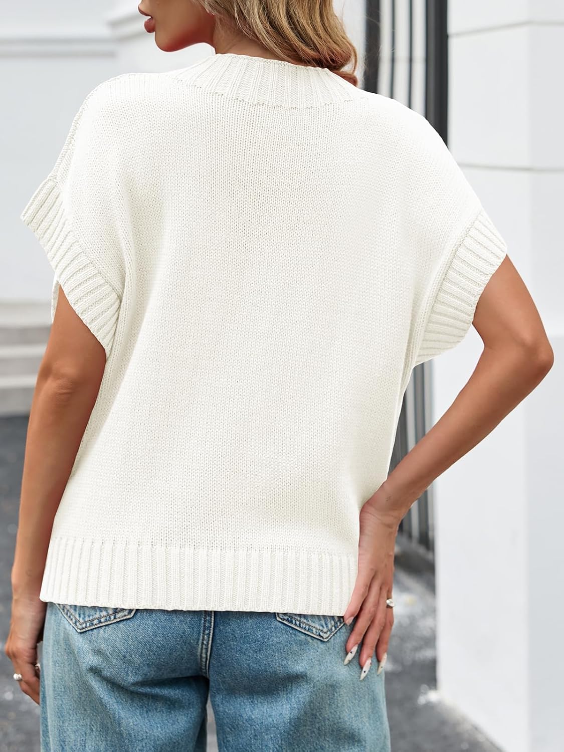 Saodimallsu Womens Cap Sleeve Cropped Sweater Mock Neck Cute Heart Loose Valentine Knit Tank Tops - Image 6