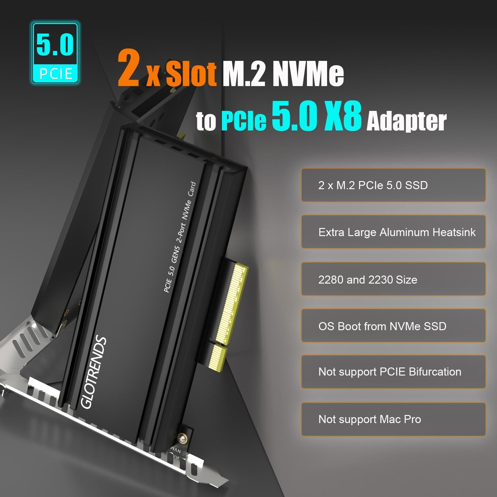 GLOTRENDS PA52L Dual Adaptador M.2 NVMe a PCIe 5.0 X8 sin bifurcación PCIe, configuración de Raid M.2 NVMe Suave OS Herramienta(se Requiere Placa Base con bifurcación PCIe)