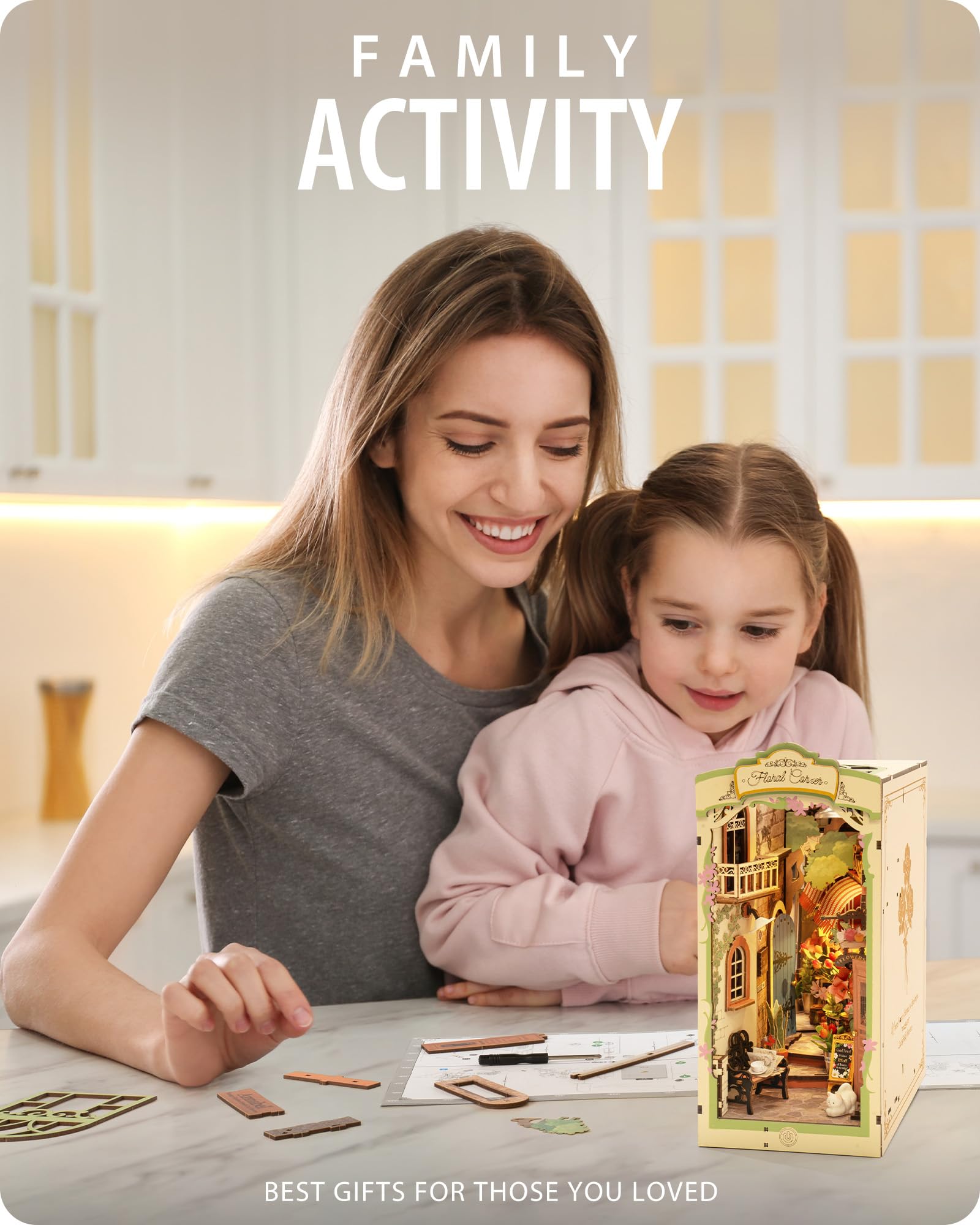 Rolife Book Nook Kit Angolo Floreale con Luci LED Kit Casa in Miniatura Fai da Te Puzzle 3D in Legno per Adulti per Costruire Libreria Decorazione Natale Regalo Compleanno