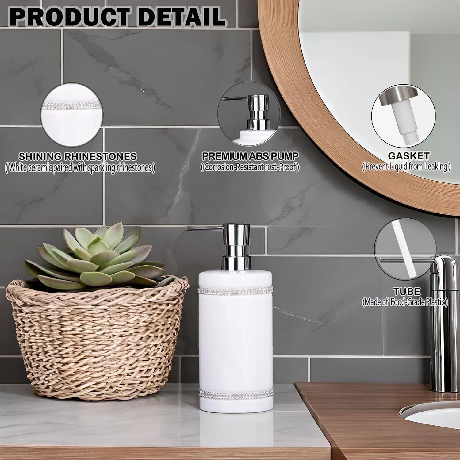 17 OZ Hand Liquid&Lotion Soap Dispenser Pump Bottle Ceramic White for Kitchen Bathroom Countertop Laundry Room Holds Dish Soap Shampoo Laundry Liquid Shower Gel (Inlaid Rhinestone) (White)