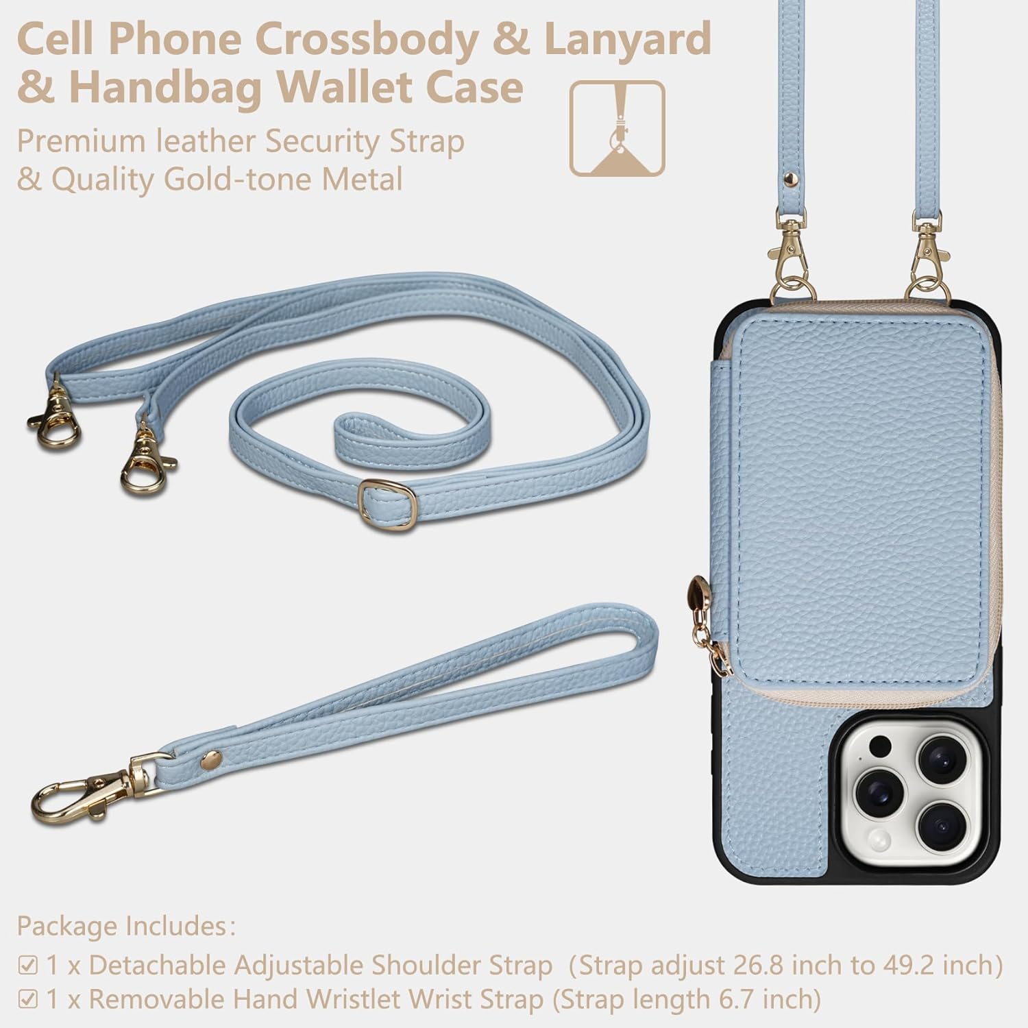 Keallce Case for iPhone 16 Pro 6.3'' Case Wallet, Crossbody Zipper Purse with RFID Blocking Card Slots Kickstand, Detachable Lanyard & Handstrap Flip Leather iPhone Cover for iPhone 16 Pro, Blue