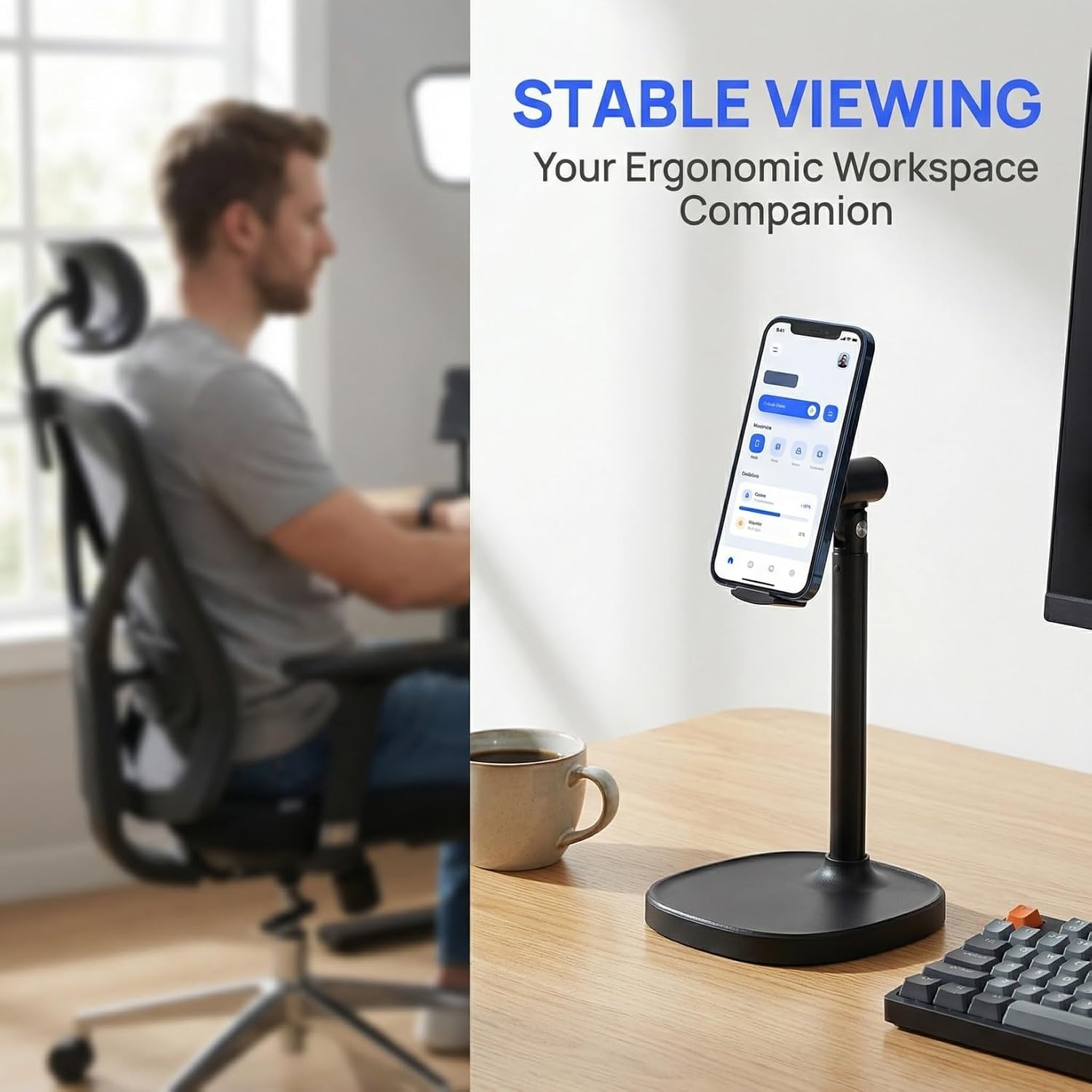 HOMSFOU Adjustable Phone Stand for Desk Portable Tabletop Mobile Holder with Stable Structure Adjustable Height and Angle for Hands-Free Viewing at Home Office and Travel