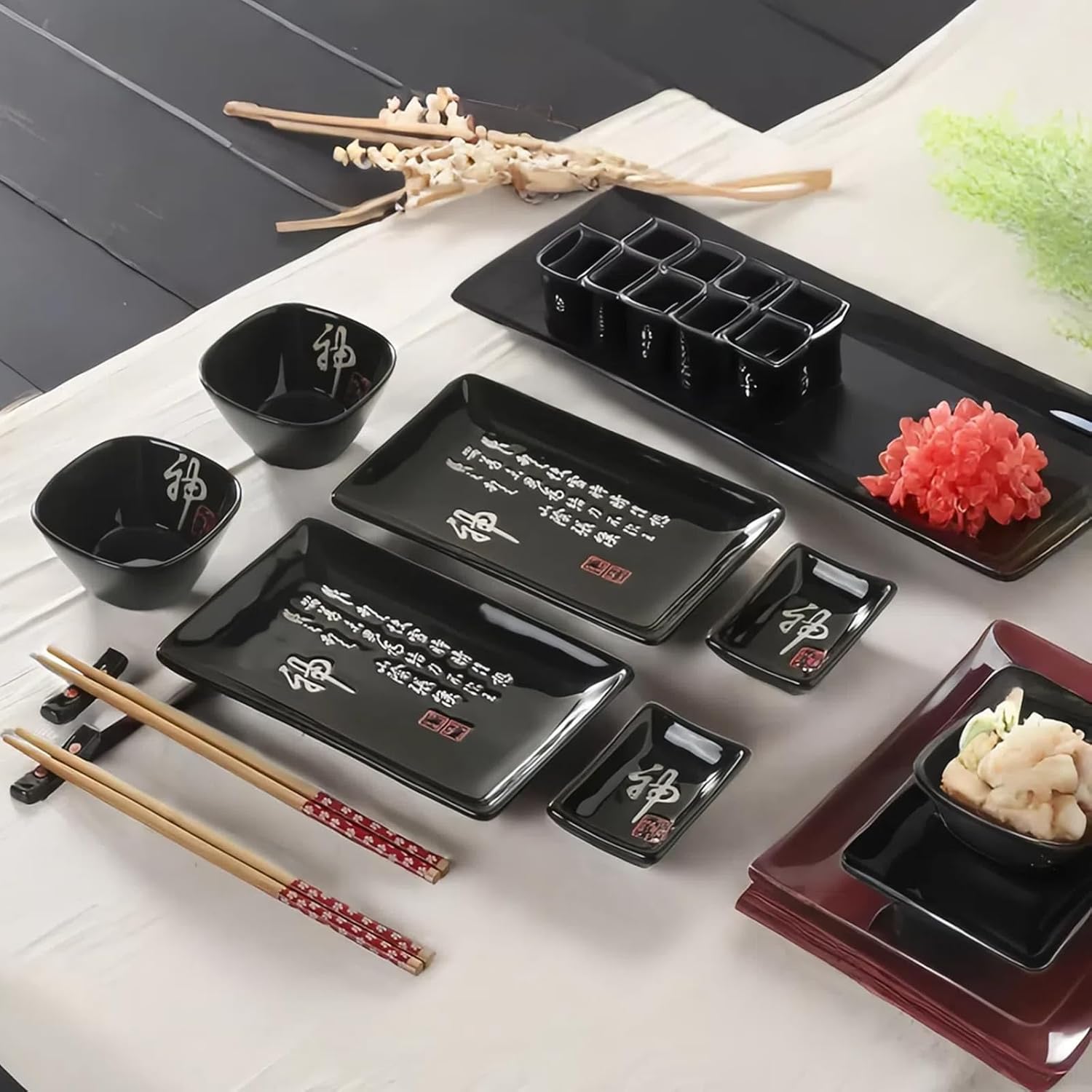 10 pcs Japanese Sushi Plate Sets Serving Platters and Trays for Entertaining Sushi Dishes Set Plates Sushi Plates Traditional Cuisine Dinnerware Sets with Chopsticks Black Shen