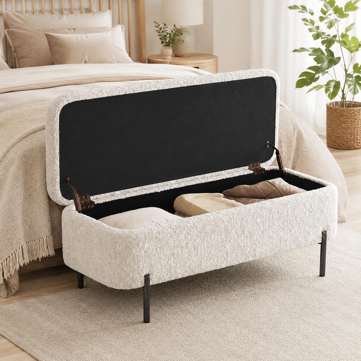 Guyii Banco de cama con espacio de almacenamiento, banco tapizado para dormitorio, banco de almacenamiento elegante para cama, banco de almacenamiento con cojines, cofre moderno para salón y pasillo