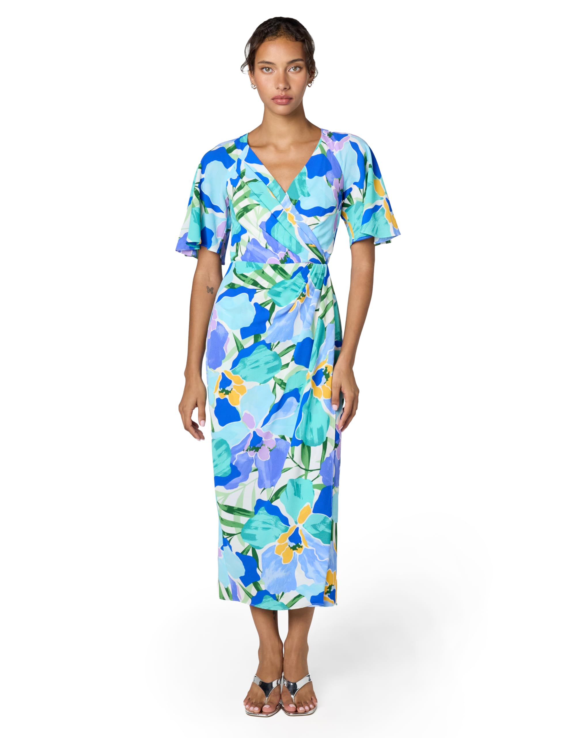 Maggy London Women's Short Flutter Sleeve Faux Wrap Midi Dress, Soft White/Cornflower Blue, 16